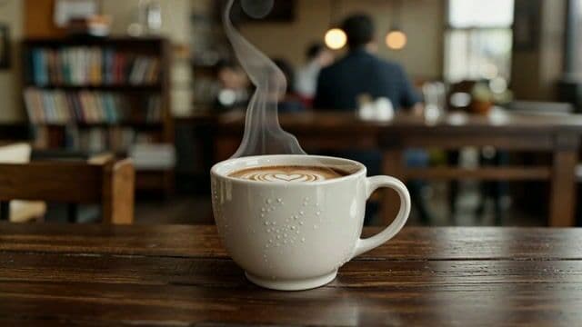 a cozy cafe interior with steam rising from a coffee cup, soft rack focus