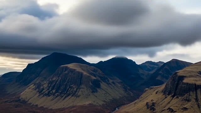 clouds rolling over a dramatic mountain range, smooth time-lapse camera glide