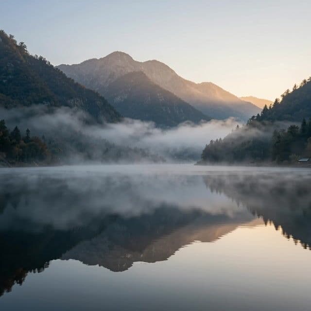 slow cinematic push-in, gentle mist drifting, soft ripples across the calm water