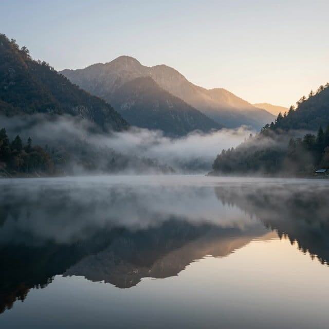 slow cinematic push-in, gentle mist drifting, soft ripples across the calm water