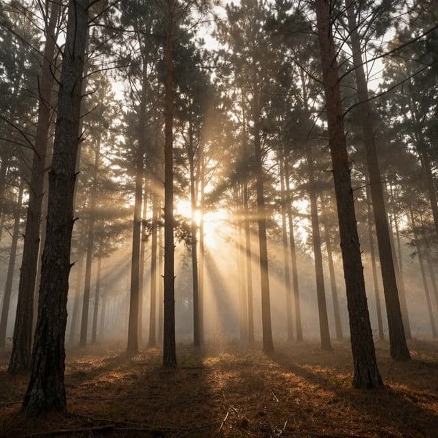 subtle drifting camera, soft fog rolling between the tall trees