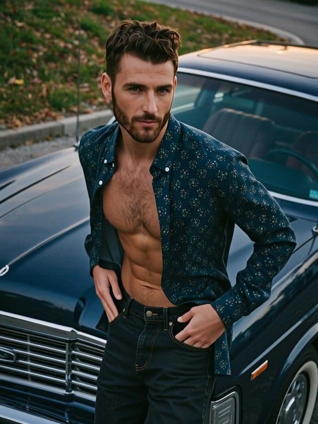 he turns toward the camera with a confident look, shirt and hair moving in the evening breeze