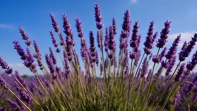 a field of lavender swaying gently in the breeze under a clear blue sky, slow drift