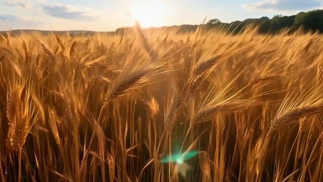 a golden wheat field glowing in the late afternoon sun, swaying in the wind, slow dolly