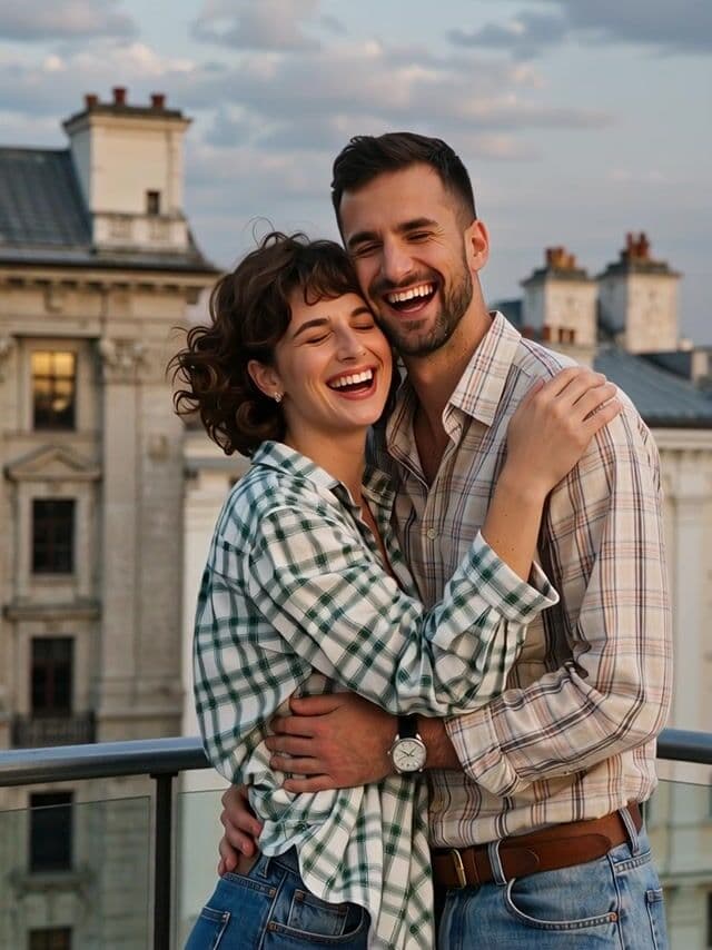 the couple shares a soft laugh and a gentle embrace, warm sunset light flickering, hair in the breeze