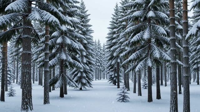 snow falling softly over a quiet pine forest, slow dolly forward, soft winter light