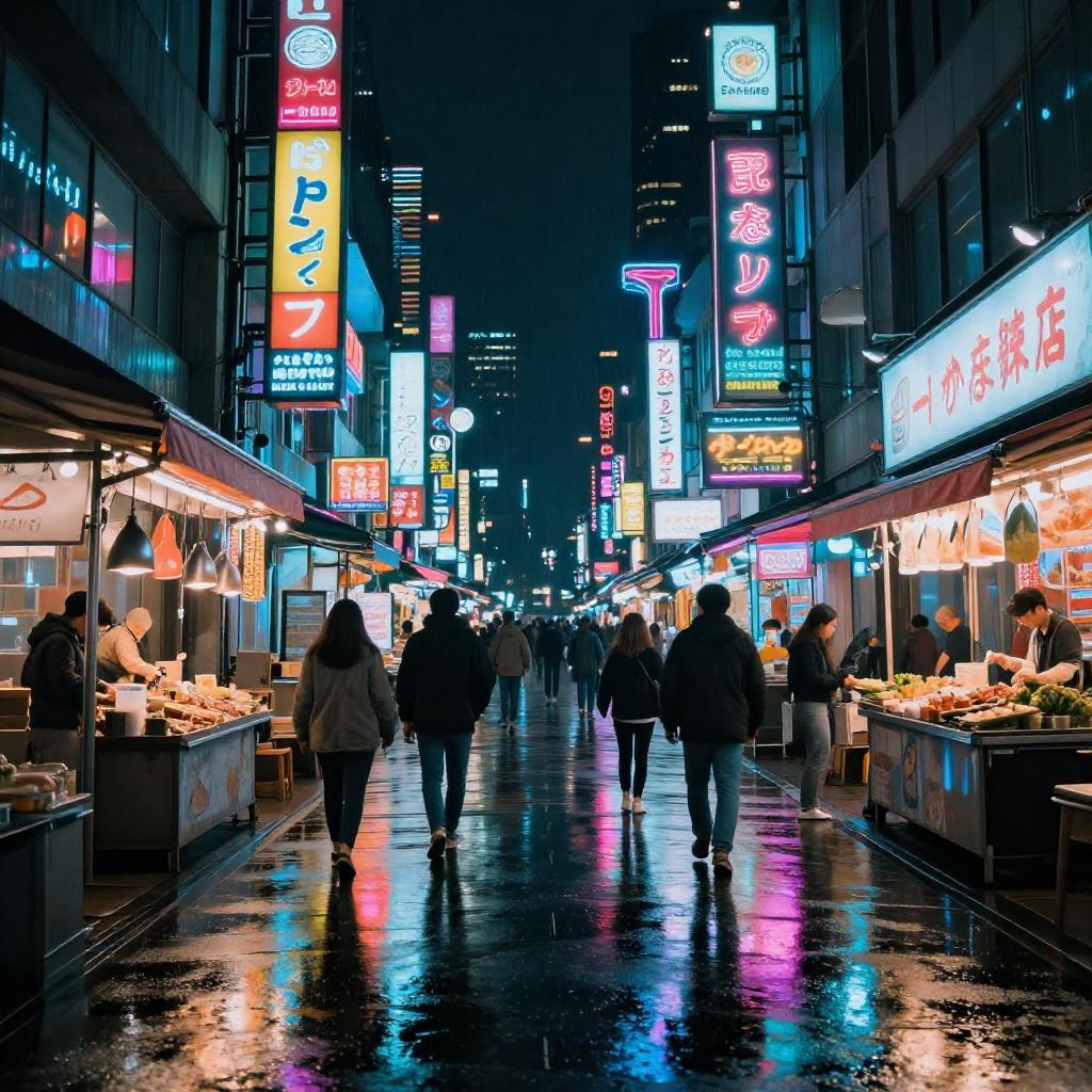 Example: a neon-lit cyberpunk street market at night, rain reflections on the pavement, d