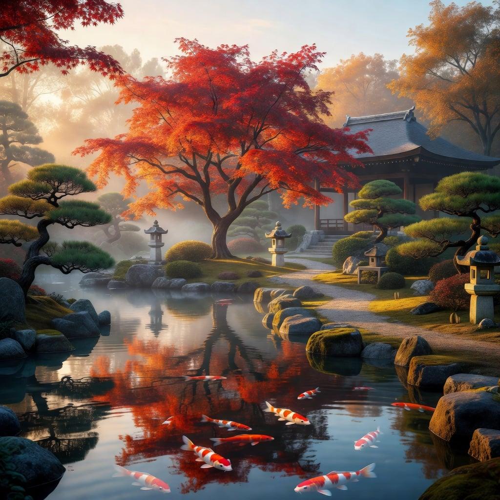 Example: a serene Japanese garden with a red maple and a koi pond at golden hour, soft mi