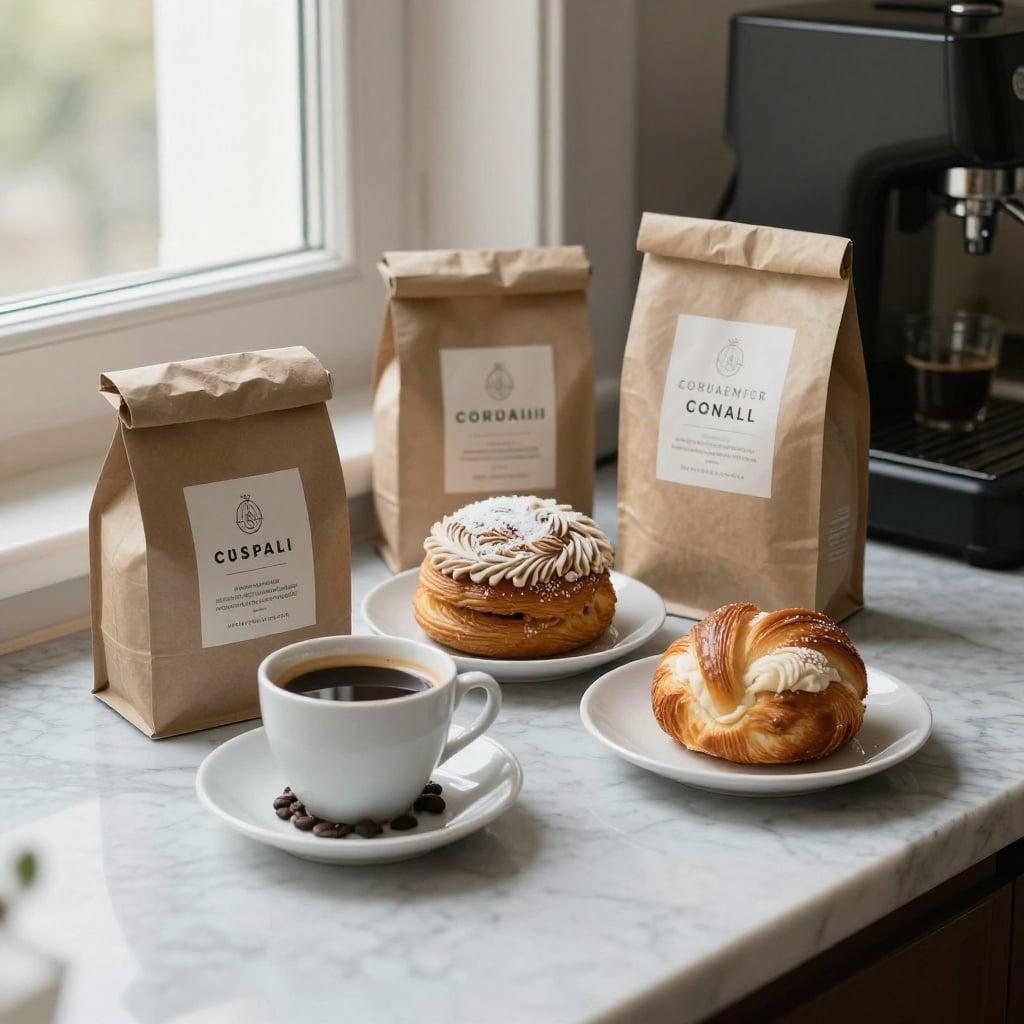 Example: an artisan coffee and pastry still-life on a marble counter, soft window light, 