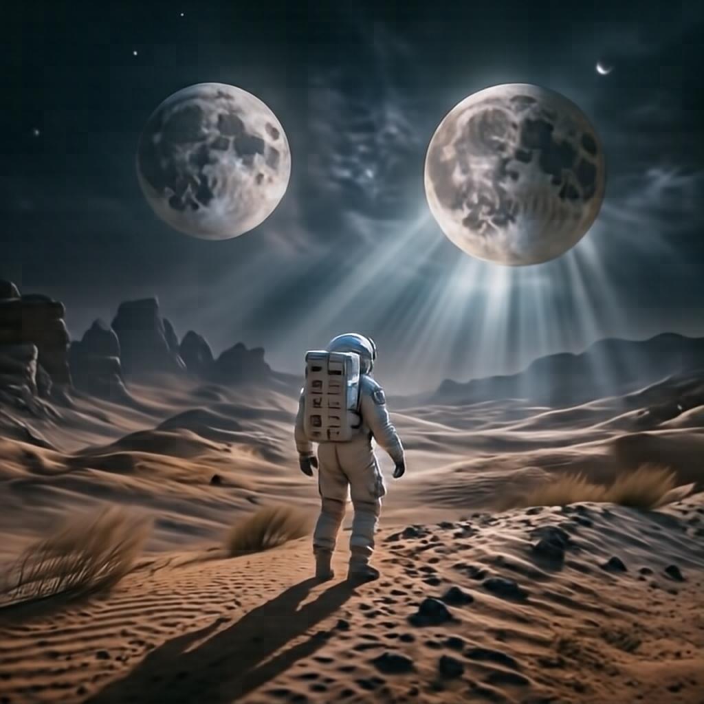Example: a lone astronaut on a windswept alien desert under two moons, epic sci-fi, volum