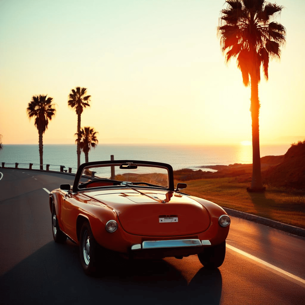Example: a vintage convertible on a coastal highway at sunset, palm trees, retro film aes