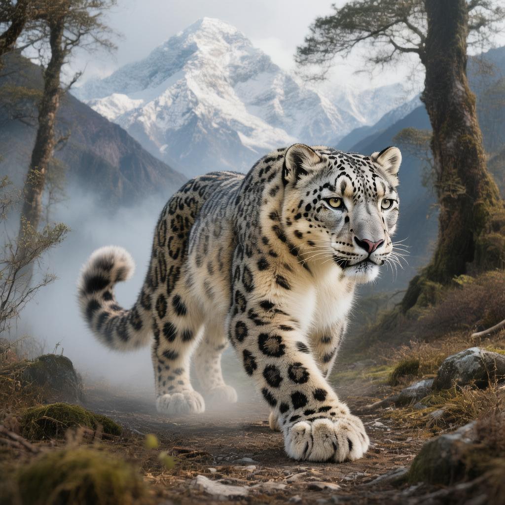 Example: a majestic snow leopard prowling through a misty Himalayan forest, wildlife phot