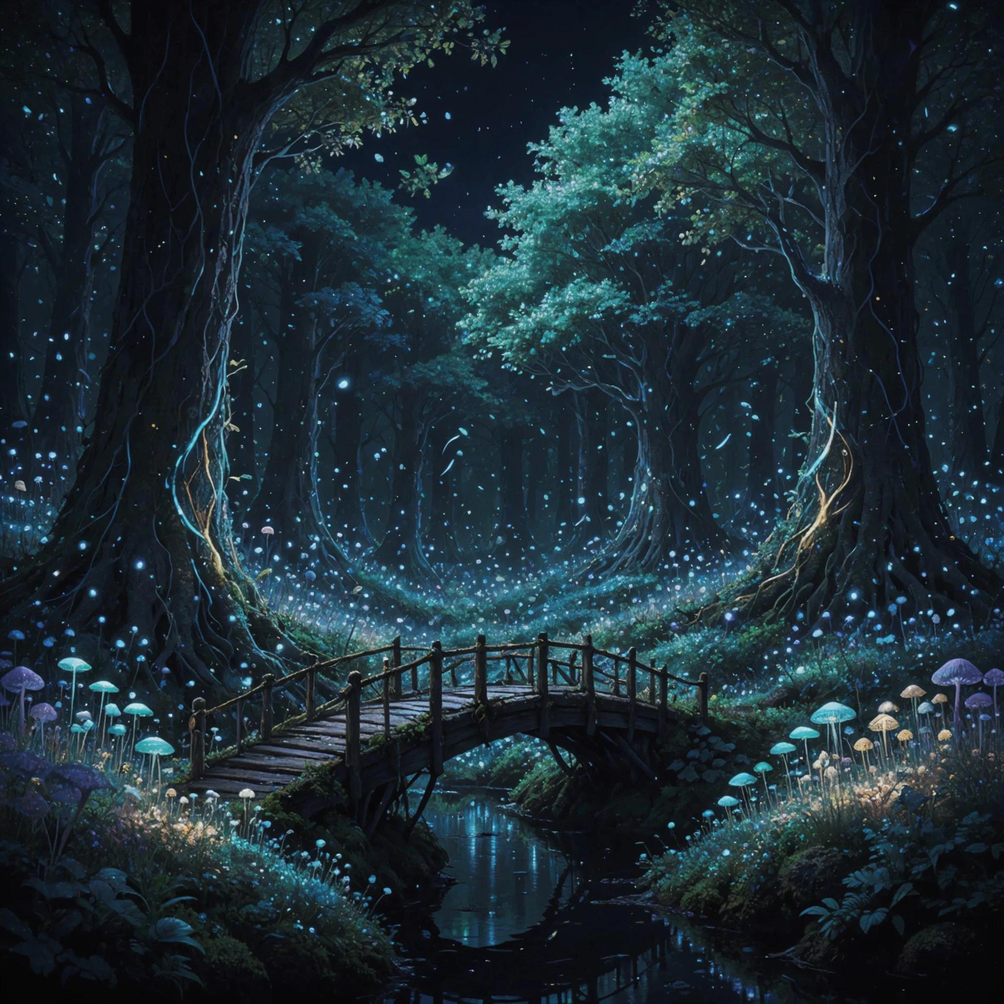 Example: a bioluminescent forest at night with floating spores and a small wooden bridge,