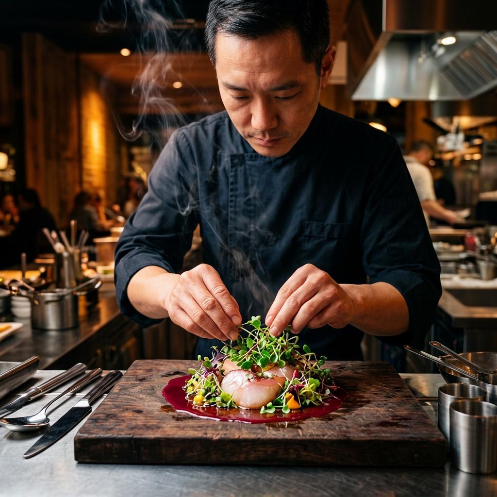 Example: a chef plating a gourmet dish in a professional kitchen, steam rising, dramatic 