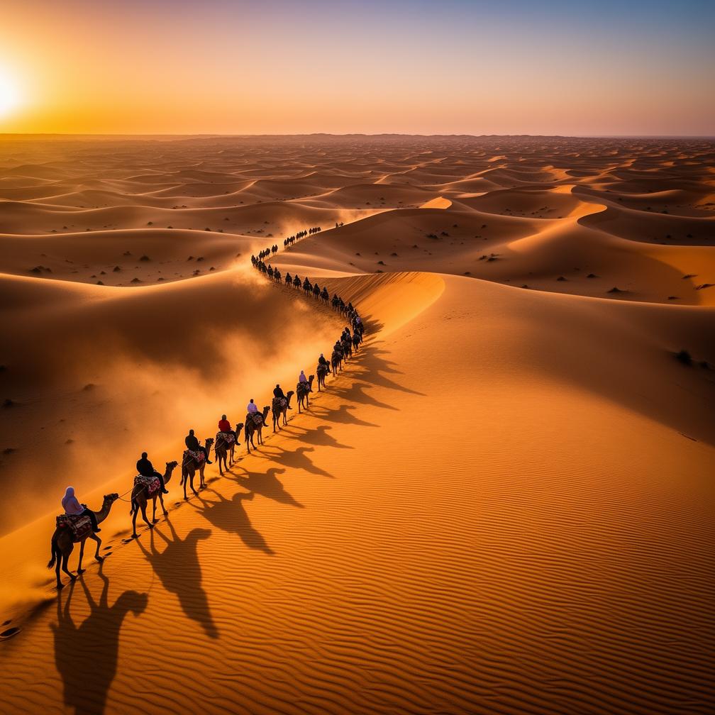 Example: a desert caravan crossing golden dunes at sunset, long shadows, epic scale