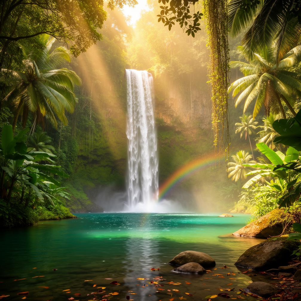 Example: a tropical waterfall into a turquoise lagoon, lush jungle, sun rays