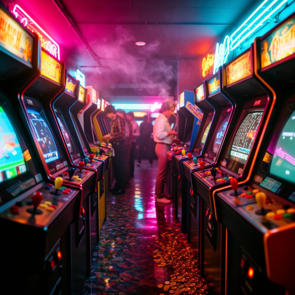 Example: a retro 1980s arcade glowing with neon, nostalgic, cinematic