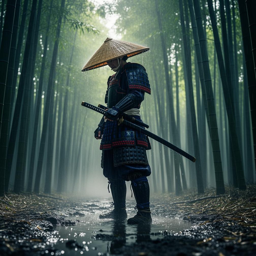 Example: a samurai in a bamboo forest in the rain, dramatic, atmospheric