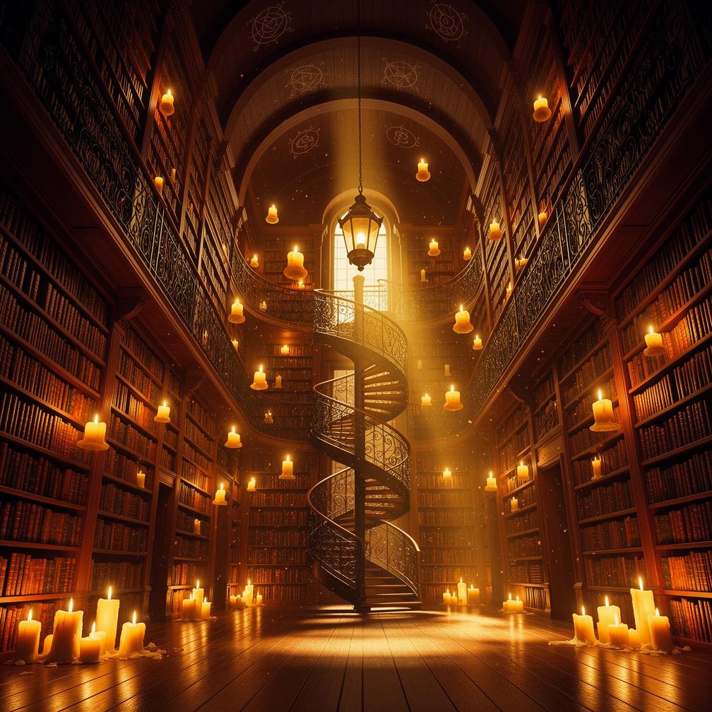 Example: a grand library with spiral staircases and floating candles, magical realism, wa