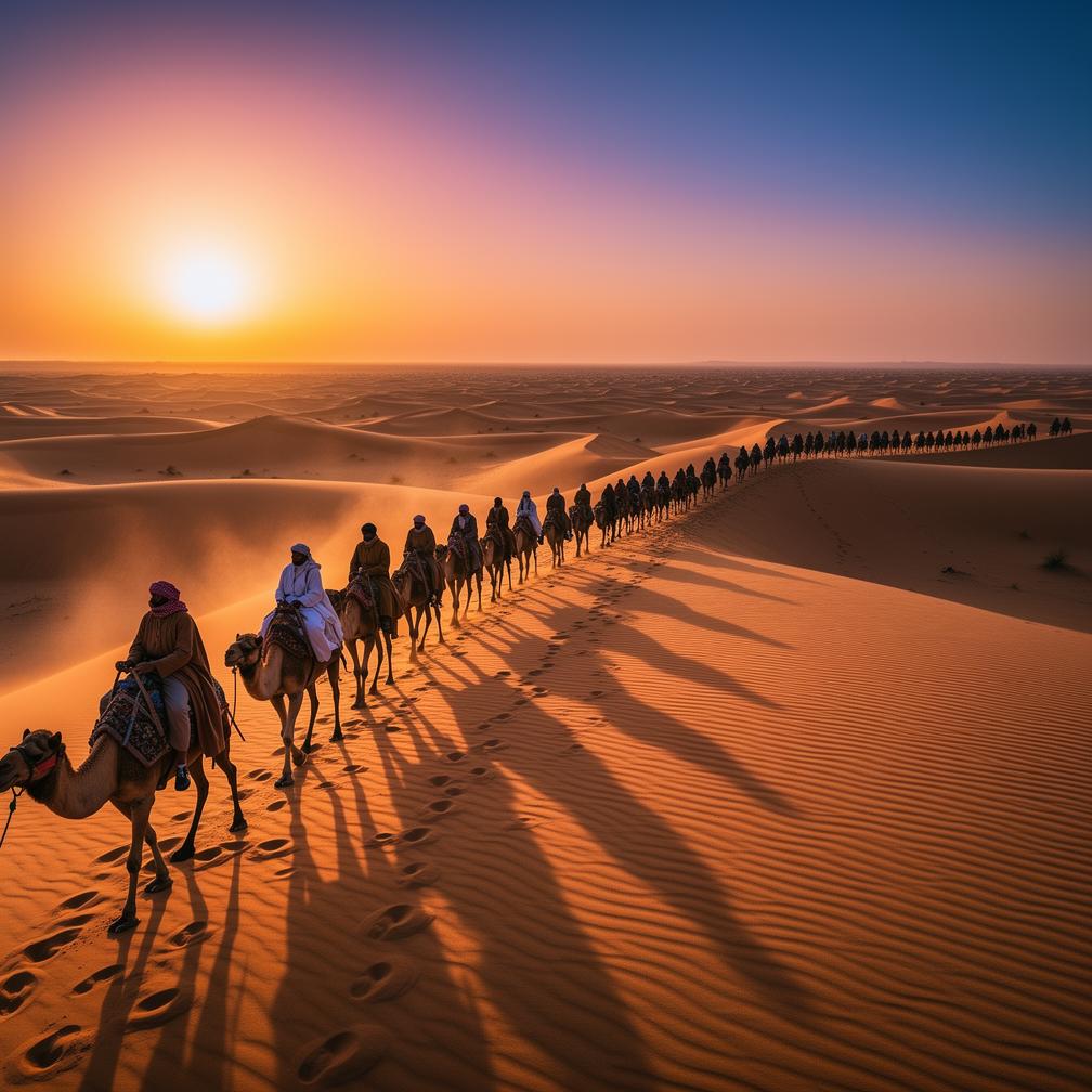 Example: a desert caravan crossing golden dunes at sunset, long shadows, epic scale