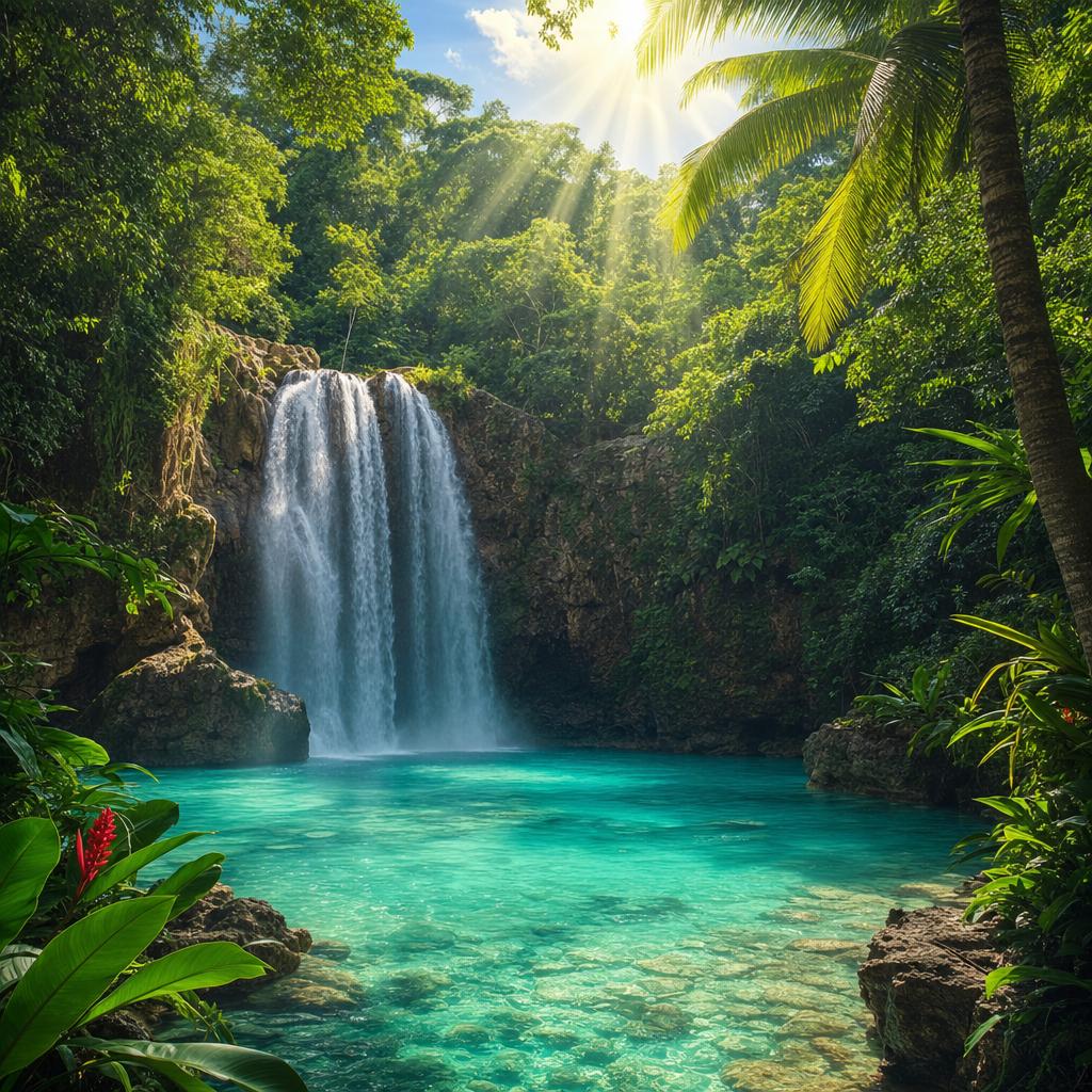 Example: a tropical waterfall into a turquoise lagoon, lush jungle, sun rays