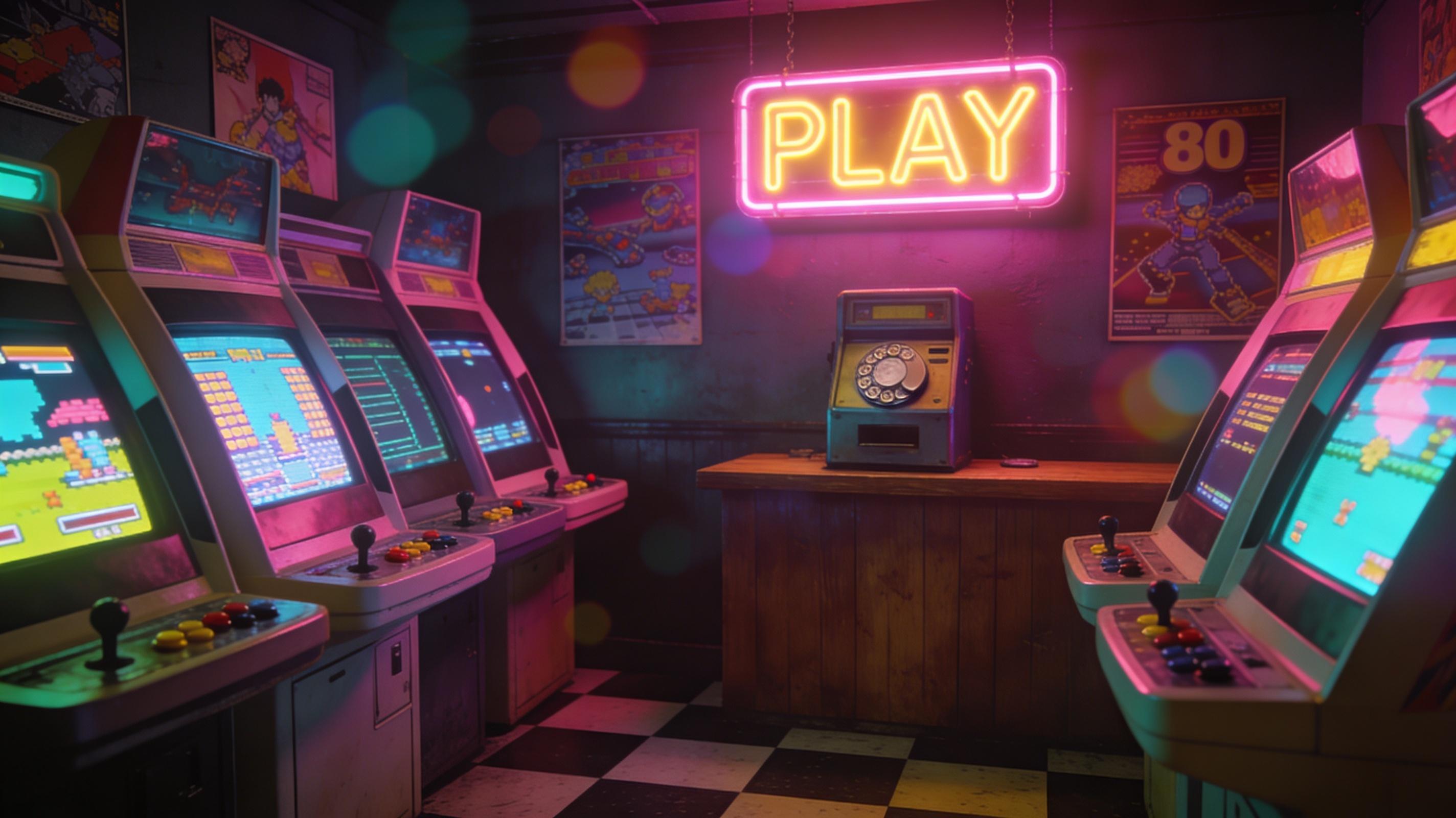 Example: a retro 1980s arcade glowing with neon, nostalgic, cinematic