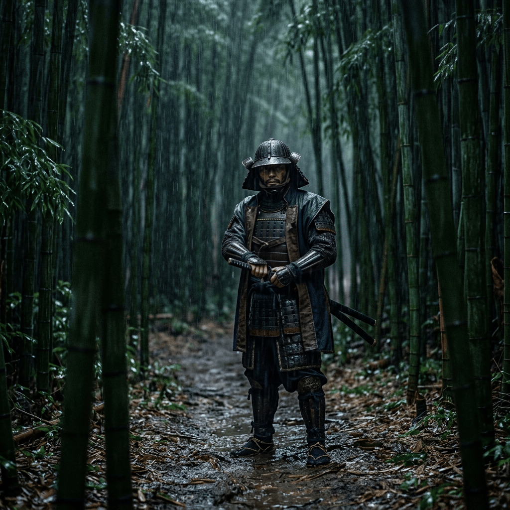 Example: a samurai in a bamboo forest in the rain, dramatic, atmospheric