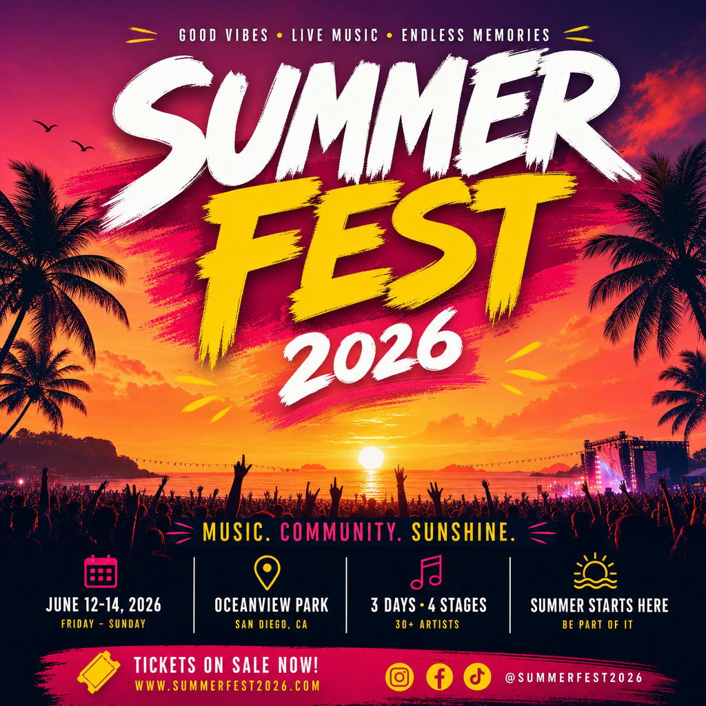 Example: a bold vibrant event poster with the large headline text "SUMMER FEST 2026" over