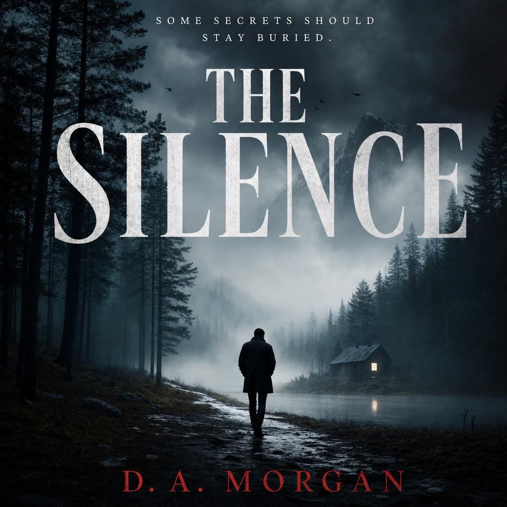 Example: a dramatic thriller novel book cover with the title "THE SILENCE" in bold serif 