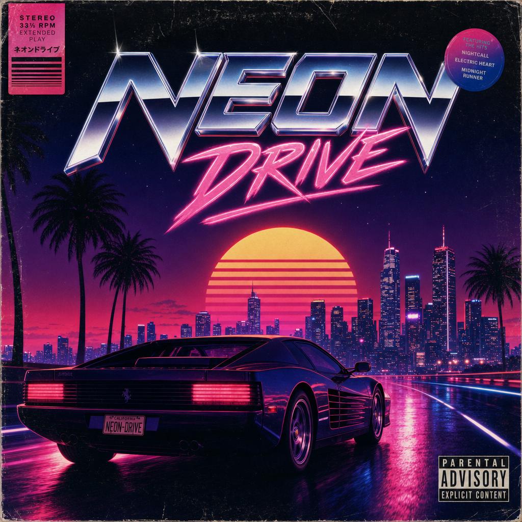 Example: a retro synthwave album cover with the artist name "NEON DRIVE" in glowing chrom