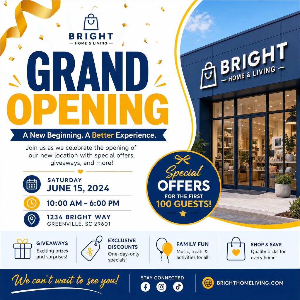 Example: a clean modern event flyer with the headline "GRAND OPENING" and tidy event deta
