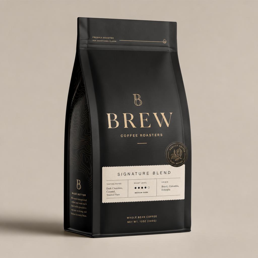 Example: a premium coffee bag package design with the brand "BREW" and elegant typography