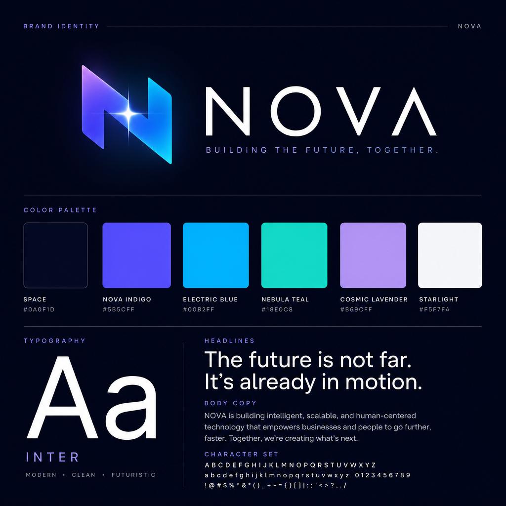 Example: a cohesive brand identity board for a tech startup "NOVA": a logo, color palette