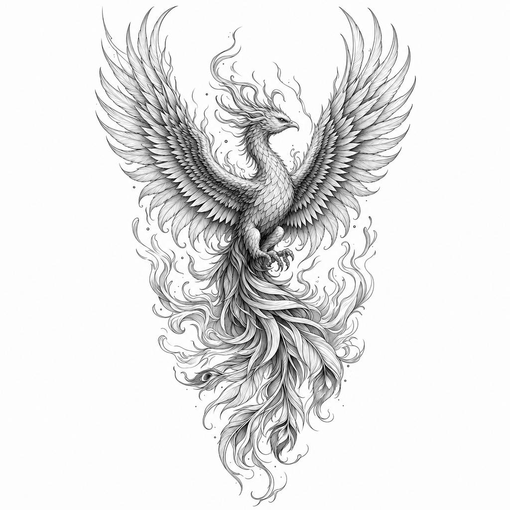 Example: a detailed black-and-grey tattoo design of a phoenix with fine line work, center