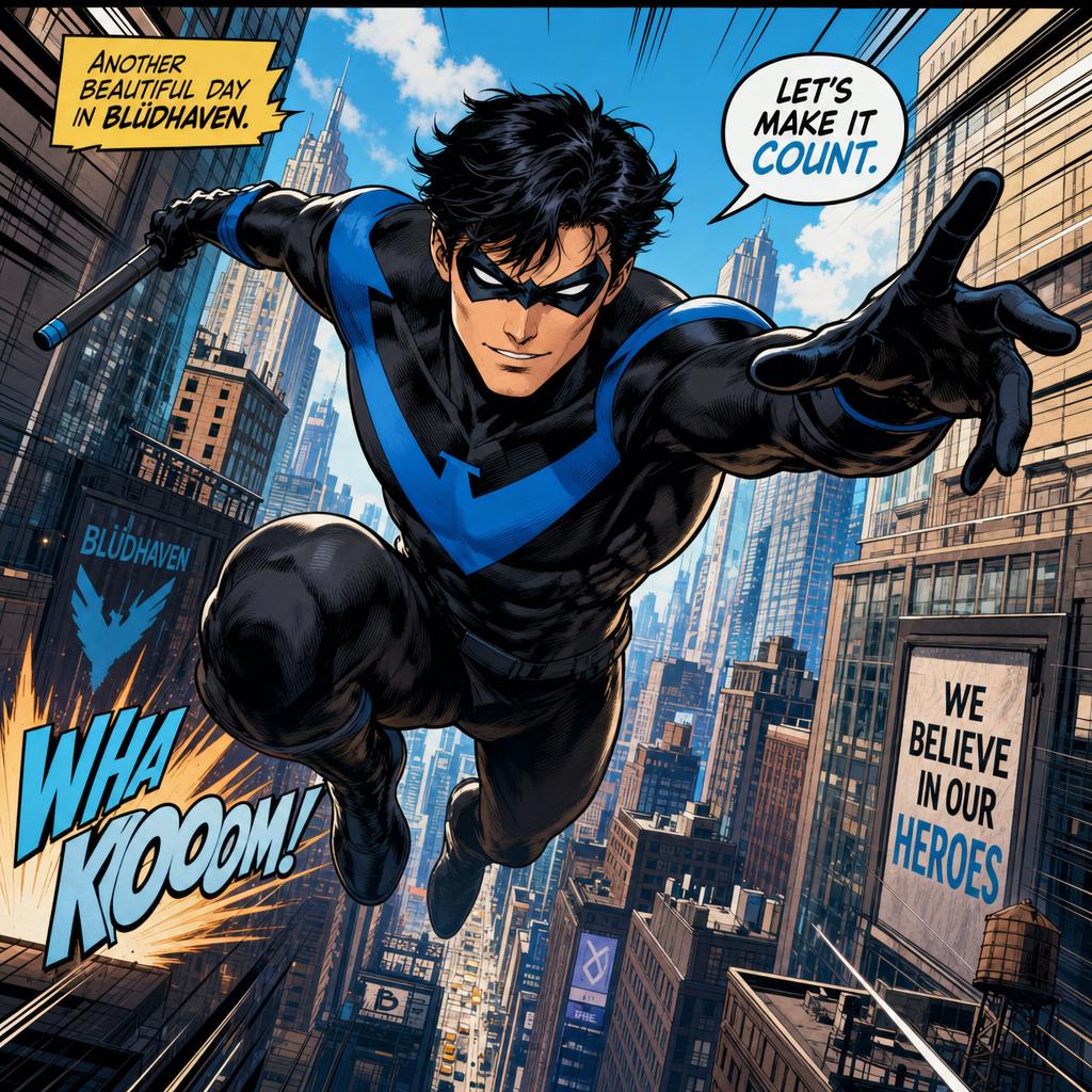 Example: a vibrant comic book panel of a superhero leaping between skyscrapers, dynamic a
