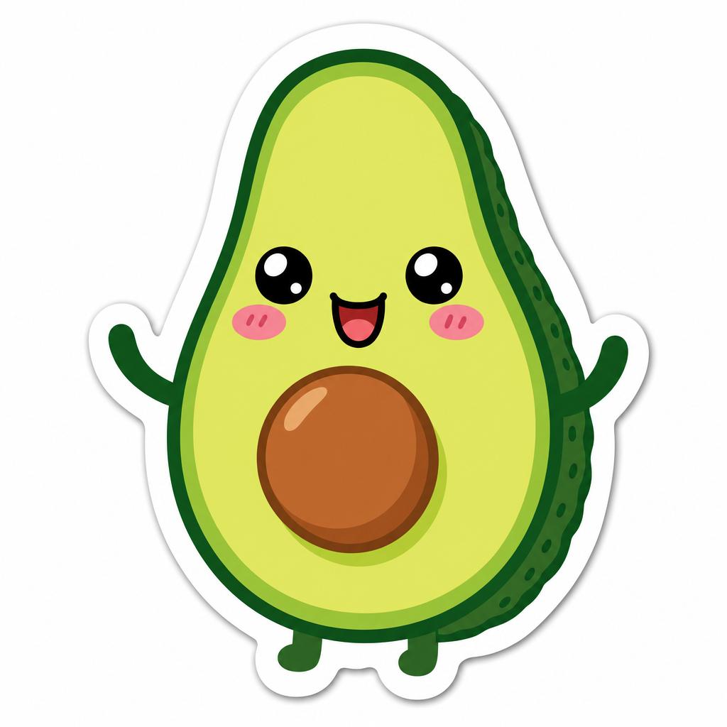 Example: a cute kawaii die-cut sticker of a smiling avocado with a thick white border, vi
