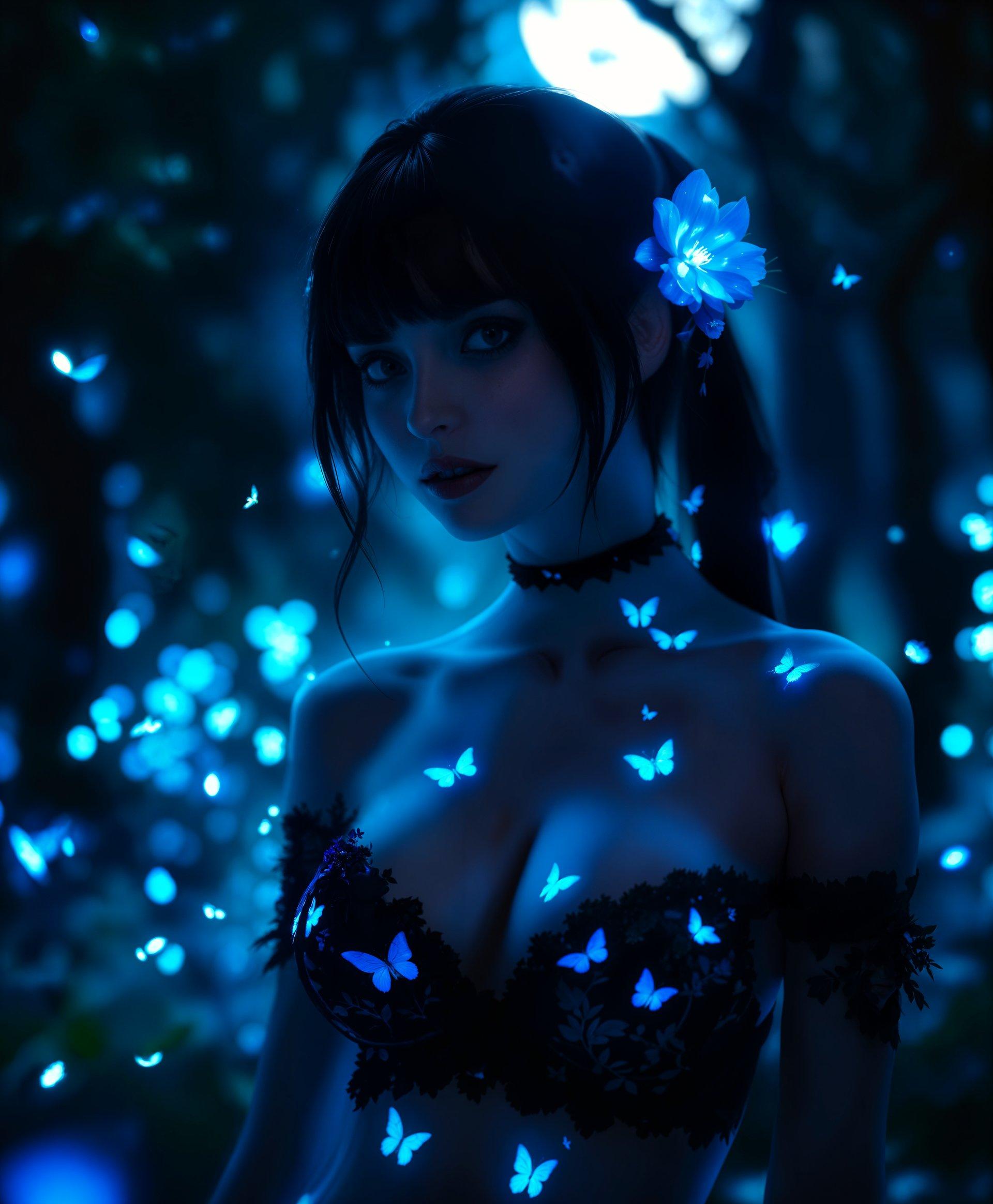masterpiece, best quality, highres, sharp image, more detail, **Subject:** A captivating woman with jet-black hair styled in a sleek ponytail, covering her left eye, her hair adorned with a delicate, bioluminescent flower that enhances her enigmatic allure.

**Clothing:** She wears exquisite black and blue lingerie, intricately patterned with butterflies and flowers. Each pattern shimmers with a light blue bioluminescence, casting an ethereal glow.

**Environment:** She stands at the heart of an ancient forest at night. Majestic trees tower above, their leaves rustling in the gentle breeze. The full moon filters through the canopy, casting a mosaic of silver light and shadows on the forest floor.

**Lighting:** Moonlight bathes the scene, highlighting the luminescent lingerie, creating an enchanting atmosphere. Fireflies dance around, their light flickering in harmony with the glow of her attire.

**Mood and Atmosphere:** The setting exudes a serene, mystical vibe, with the night air cool and crisp, filled with the whispers of nature and the faint scent of flora. The ambiance feels dreamlike, as if stepping into a fantasy novel.

**Composition:** Centrally positioned, her figure is framed by dense foliage, with the moon directly behind her, casting her silhouette in a soft, glowing outline. The camera angle, slightly low, looks up at her, enhancing her statuesque presence amidst the towering trees.

**Artistic Style:** The image evokes a surrealistic dreamscape, with a nod to the romanticism of the Pre-Raphaelite Brotherhood, where nature and human beauty intertwine in a harmonious, otherworldly fusion.

**Technical Aspects:** Use soft focus techniques around the edges to blend the figure with the forest, creating a transition between reality and fantasy. Employ a shallow depth of field to keep the subject sharply in focus while the background forest blurs, emphasizing her as the focal point of this magical scene.