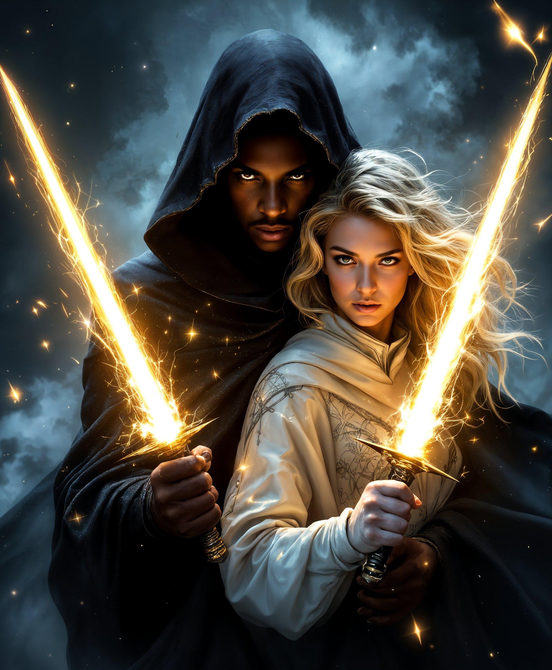 masterpiece, best quality, highres, sharp image, more detail, masterpiece, best quality, highres, sharp image, more detail, **Visual Description:**
- **Cloak:** A young African-American man enveloped by a mystical cloak that absorbs light, appearing almost black with edges that blur into a shadowy mist. His face shows determination, with a slight glow from his eyes piercing through the darkness. The cloak billows around him like a protective shield, with subtle hints of starlight or cosmic energy within its folds.
- **Dagger:** A young Caucasian woman, her costume white with hints of silver, reflecting light in stark contrast to Cloak's darkness. She holds bright, luminescent daggers made of pure light energy. Her expression is fierce yet hopeful, with her radiant hair complementing her light-themed abilities.

**Artistic Style:**
- Inspired by comic book art, yet with a realistic twist. The image should mimic the high contrast, dramatic shadows, and vibrant colors of comic book illustrations, but with enough detail and realism to make it believable as a photograph.

**Composition:**
- Cloak is slightly in front, with his cloak billowing out, framing Dagger who stands behind, her daggers casting light on Cloak's face. The camera angle is low, making them appear larger than life, heroes standing against the odds. 

**Mood & Atmosphere:**
- A blend of darkness and light, symbolizing the duality of their powers. The atmosphere is tense, with an impending sense of action or confrontation. Dramatic lighting highlights their contrasting abilities, with the urban setting at night providing long shadows and neon signs suggesting hope amidst the grit.

**Photography Techniques:**
- Utilize **chiaroscuro** to enhance the light and shadow play, **depth of field** to focus on Cloak and Dagger while blurring the background, and **motion blur** for the cloak and daggers to imply movement and energy.

**Technical Aspects:**
- Use **HDR** to capture the range of lighting from the dark cloak to the bright daggers, ensuring no detail is lost in shadows or blown out by light. Employ a **wide aperture** for shallow depth of field, focusing on the heroes while the cityscape fades into a soft focus.

**Background:**
- An urban setting at night, with streetlights casting long shadows. The backdrop suggests a gritty, crime-filled neighborhood, yet with elements of hope through neon signs or distant lights. The scene is dynamic, with movement implied by Cloak's cloak and Dagger's light trails.

**Cohesion:**
- All elements work together to create a unified, believable scene where Cloak and Dagger stand as symbols of light and darkness, hope and despair