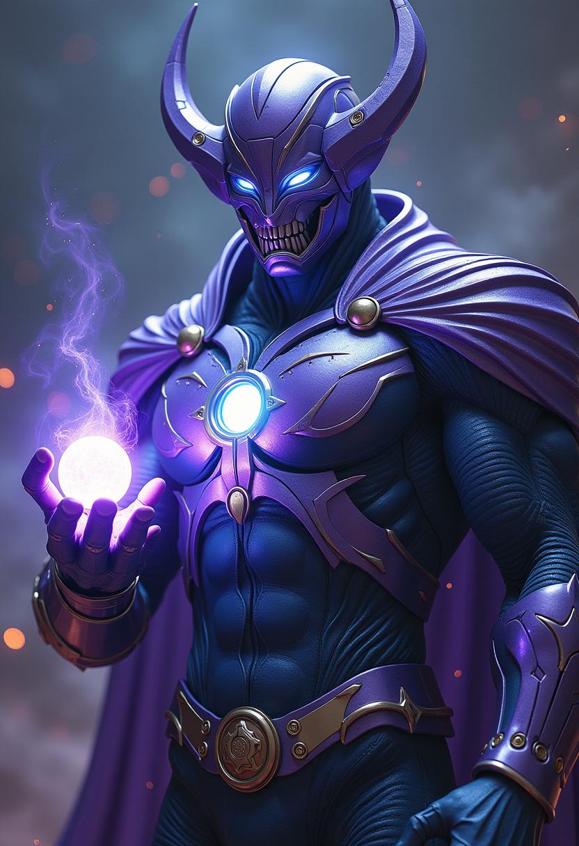 This image features Galactus, clad in a highly detailed and intricate costume, set against a cosmic backdrop suggestive of space. The characters attire is a fusion of futuristic and mechanical elements, with a color palette that includes shades of purple, blue, and gray, punctuated by glowing accents of white and light blue.The costume is adorned with a variety of textures, from the smooth, shiny surfaces of the armor to the more rugged, ribbed patterns on the chest and torso. The armor is segmented, with raised panels and intricate designs that give it a three dimensional appearance. The characters helmet is a standout feature, with a complex, angular design that seems to be made of a metallic material, with a gradient of purple hues that give it depth.The characters right hand is raised, with fingers spread wide, and the palm is open, revealing a glowing orb that emits a soft white light. The left hand is clenched into a fist, with the knuckles slightly raised, and the fingers are also lit up with a similar white light. The light seems to emanate from within the hands, suggesting a source of power or energy.The medium of the image is digital, as evidenced by the smooth gradients and the lack of texture that one might find in a physical medium. The art style is high fantasy, with a strong emphasis on the characters costume and the dramatic, otherworldly setting.The objects in the image are primarily the characters costume and the glowing orbs emanating from the hands. The costume is the central focus, with its detailed design and the way it interacts with the light, giving it a dynamic and almost alive quality. The orbs add to the sense of power and mystery, as they are the source of the light and seem to be a significant part of the characters abilities or weaponry.