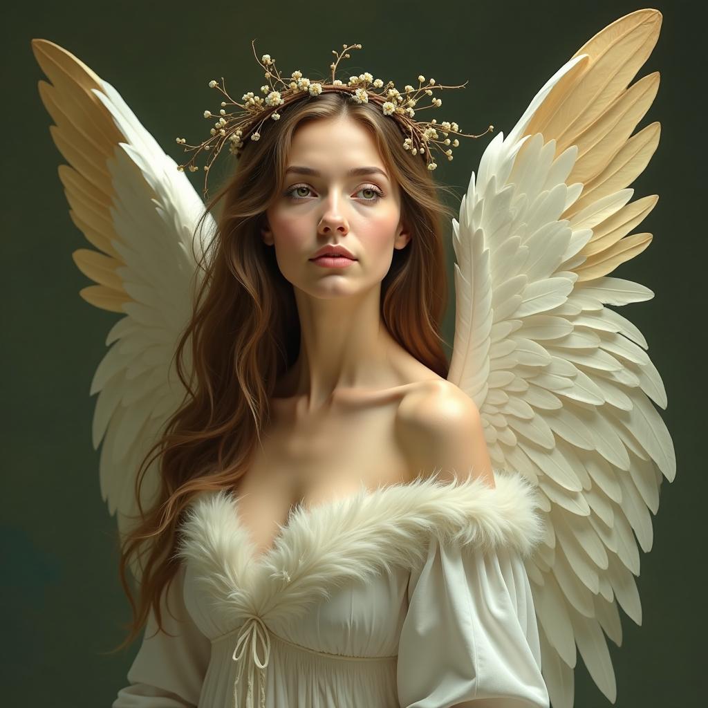 This image is a portrait of a woman with a serene and contemplative expression. The subject is adorned with a pair of expansive, feathered wings that are a pale, almost white color, giving the impression of a soft, ethereal presence. The wings are detailed with a gradient of feather tones, from the lightest white edges to a deeper, golden brown at the tips, which adds depth and dimension to the wings.The person is wearing a garment that appears to be made of feathers, which matches the wings in both texture and color palette. The feathers are fluffy and appear to be of a similar quality to the wings, suggesting a cohesive and fantastical theme.The subjects hair is long and wavy, cascading down their back and shoulders. It is adorned with a headpiece that resembles a crown or wreath, made of twigs and small, delicate flowers, which adds a touch of natural beauty and complements the overall mystical aura of the image.The background is a dark, muted green, which contrasts sharply with the lightness of the wings and the feathers, drawing the viewers attention to the subject. The lighting in the image is soft and diffused, with a gentle highlight on the subjects hair and a subtle shadow on the right side of the wings, which adds to the three dimensional effect.The art style of the image is reminiscent of fantasy or mythological portraiture, with a focus on the subjects serene and almost otherworldly presence. The medium appears to be digital painting, given the smooth blending of colors and the lack of texture that might be present in a traditional painting.The colors in the image are soft and muted, with a predominance of whites, golds, browns, and greens, creating a calm and tranquil atmosphere. The interplay of light and shadow plays a significant role in the image, with the light accentuating the textures and contours of the subject and the wings, and the shadow adding depth and dimension.Overall, the image exudes a sense of peacefulness and mystique, inviting the viewer to ponder the nature of the subject and their place in a fantastical world.