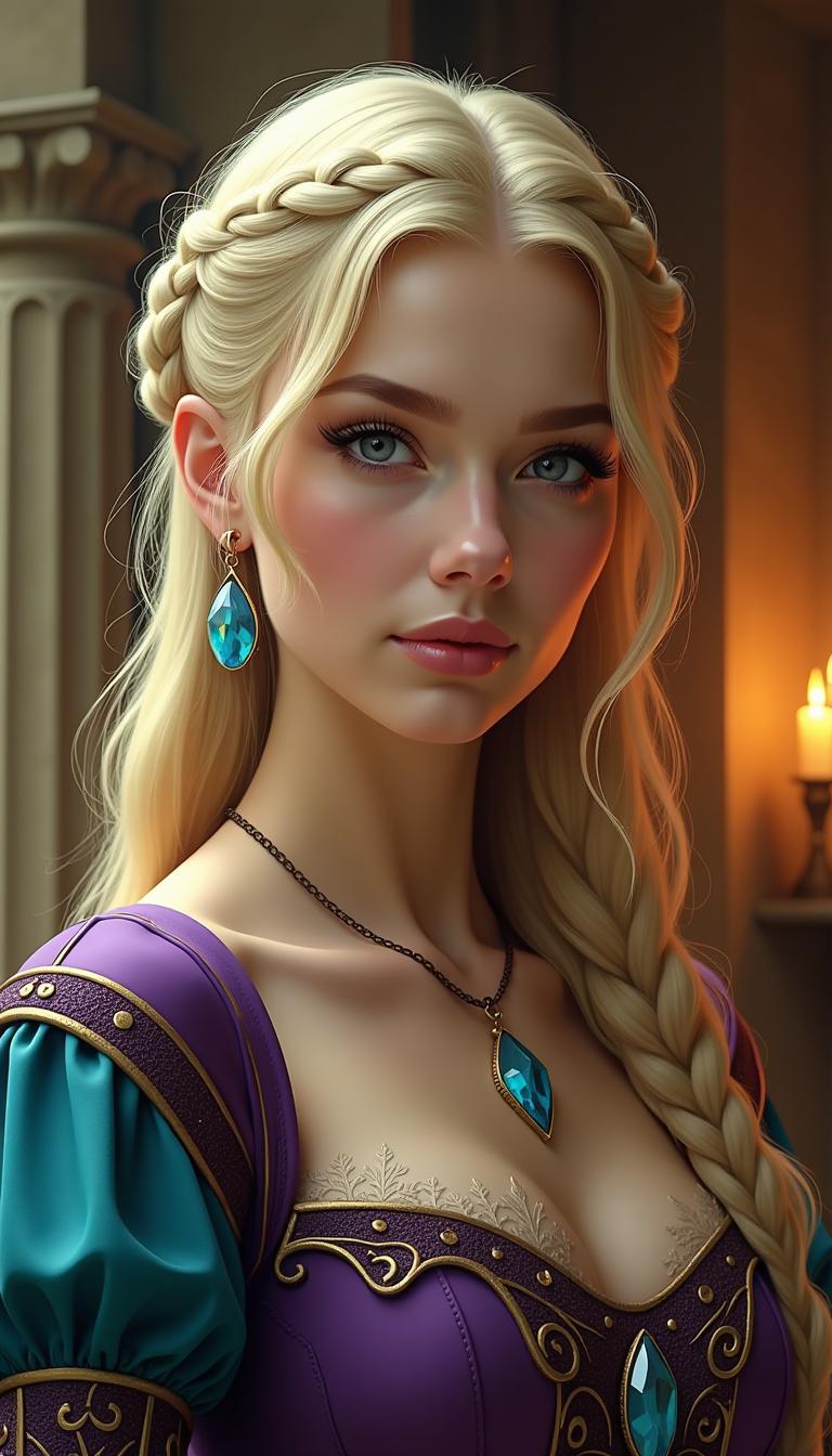 This image is a high resolution photograph that captures a closeup portrait of a blonde woman. The art style is reminiscent of fantasy or historical portraiture, with a focus on the subjects attire and the rich, atmospheric setting.Medium The image is a digital photograph, likely taken with a high quality camera and post processed to enhance the colors and details.Colors The color palette is warm and rich, with a predominance of earthy tones. The subjects hair is a pale blonde, which stands out against the darker tones of the clothing. The clothing itself is a deep, rich purple with a teal or aqua blue overlay, which adds a pop of color to the composition. The background is a mix of warm and cool tones, with a smoky, atmospheric quality that suggests a setting that is both ancient and mystical.Objects in the Image1. The subjects hair is styled in loose waves, with a braid that runs along the top of the head. A tear drop shaped gemstone is set in the braid, adding a touch of elegance.2. The subject is wearing a richly detailed garment that appears to be a historical or fantasy inspired outfit. The garment has a deep purple base with a teal or aqua blue overlay, and is embellished with intricate patterns and what looks like metalwork or embroidery.3. Around the neck, the subject wears a necklace with a large, similarly shaped gemstone, which matches the one in the braid.4. The background is a blend of architectural elements, with what appears to be stone columns and arches, giving the impression of an ancient or historical setting. There are also candle like objects that emit a warm, flickering light, contributing to the atmospheric quality of the scene.Overall, the image exudes a sense of mystique and elegance, with a focus on the subjects detailed costume and the atmospheric, historical setting.