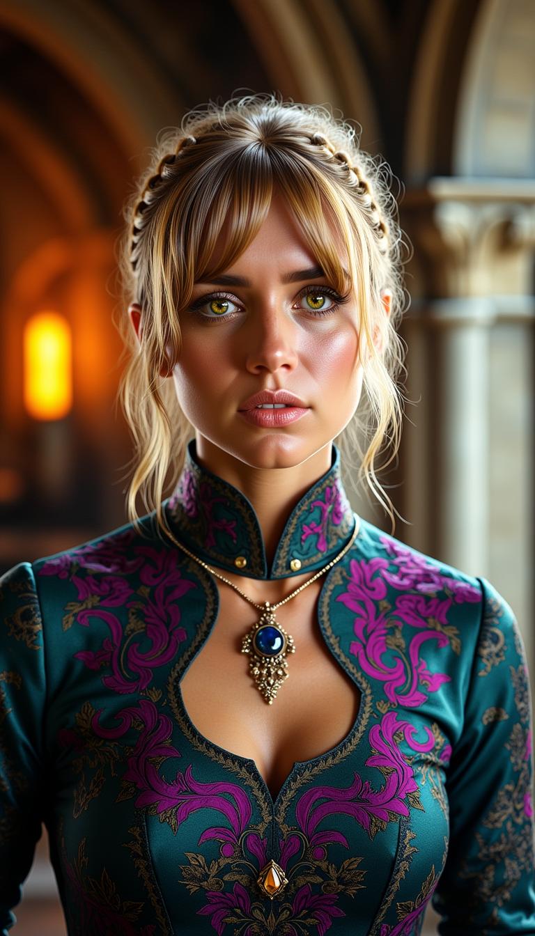 a photo of ANA$, This image is a high resolution photograph that captures a closeup portrait of a blonde woman. The art style is reminiscent of fantasy or historical portraiture, with a focus on the subjects attire and the rich, atmospheric setting.Medium The image is a digital photograph, likely taken with a high quality camera and post processed to enhance the colors and details.Colors The color palette is warm and rich, with a predominance of earthy tones. The subjects hair is a pale blonde, which stands out against the darker tones of the clothing. The clothing itself is a deep, rich purple with a teal or aqua blue overlay, which adds a pop of color to the composition. The background is a mix of warm and cool tones, with a smoky, atmospheric quality that suggests a setting that is both ancient and mystical.Objects in the Image1. The subjects hair is styled in loose waves, with a braid that runs along the top of the head. A tear drop shaped gemstone is set in the braid, adding a touch of elegance.2. The subject is wearing a richly detailed garment that appears to be a historical or fantasy inspired outfit. The garment has a deep purple base with a teal or aqua blue overlay, and is embellished with intricate patterns and what looks like metalwork or embroidery.3. Around the neck, the subject wears a necklace with a large, similarly shaped gemstone, which matches the one in the braid.4. The background is a blend of architectural elements, with what appears to be stone columns and arches, giving the impression of an ancient or historical setting. There are also candle like objects that emit a warm, flickering light, contributing to the atmospheric quality of the scene.Overall, the image exudes a sense of mystique and elegance, with a focus on the subjects detailed costume and the atmospheric, historical setting.
