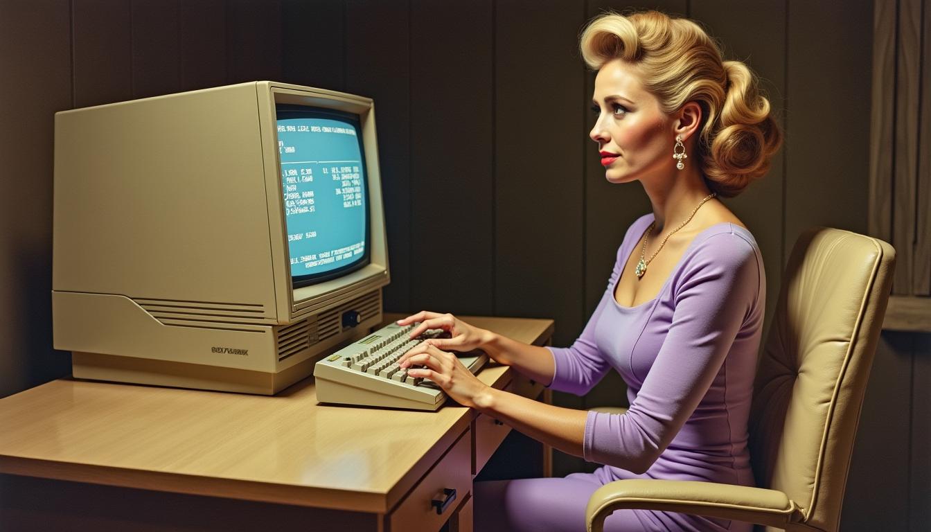 This image is a stylized representation of a woman in a vintage setting, likely from the 1960s or 1970s, given the technology and fashion depicted. The art style is reminiscent of midcentury advertising, with a focus on the subject and a nostalgic, almost dreamlike quality.Medium The image appears to be a digital creation, given the clarity and sharpness of the details. It could be a digitally altered photograph or a completely computergenerated image.Colors The color palette is warm and muted, with a sepia tone that gives the image a vintage feel. The womans hair is a rich blonde, and her dress is a soft lavender, which contrasts nicely with the darker tones of the vintage computer equipment and the beige of the chair. The monitor screen displays a blueish hue, which stands out against the darker background.Objects in the Image1. The Woman She is seated at a desk, wearing a fitted, kneelength dress with a square neckline and long sleeves. Her hair is styled in a voluminous bouffant hairstyle, which is characteristic of the era. She is focused on the keyboard in front of her, her hands poised over the keys as if she is typing.2. The Computer The computer is a vintage model, with a bulky, boxy design. It has a large, bulky monitor with a CRT screen, displaying a complex array of text and numbers, which suggests it might be a mainframe or a largescale computing system. The keyboard is a fullsized, mechanical keyboard, with keys that are large and spaced apart, which was common in older computer models.3. The Desk The desk is a simple, utilitarian piece of furniture, with a flat surface and a drawer underneath. It is a neutral beige color, which complements the warm tones of the womans dress and the vintage computer.4. The Chair The chair is a simple, upholstered office chair with a straight backrest and armrests. It is a neutral beige color, which matches the desk and the vintage aesthetic of the setting.Overall, the image evokes a sense of nostalgia and a bygone era of computing and fashion. The subject, the woman, is the focal point, with the vintage computer and the surrounding objects providing a backdrop that complements her and adds to the overall vintage feel of the image.