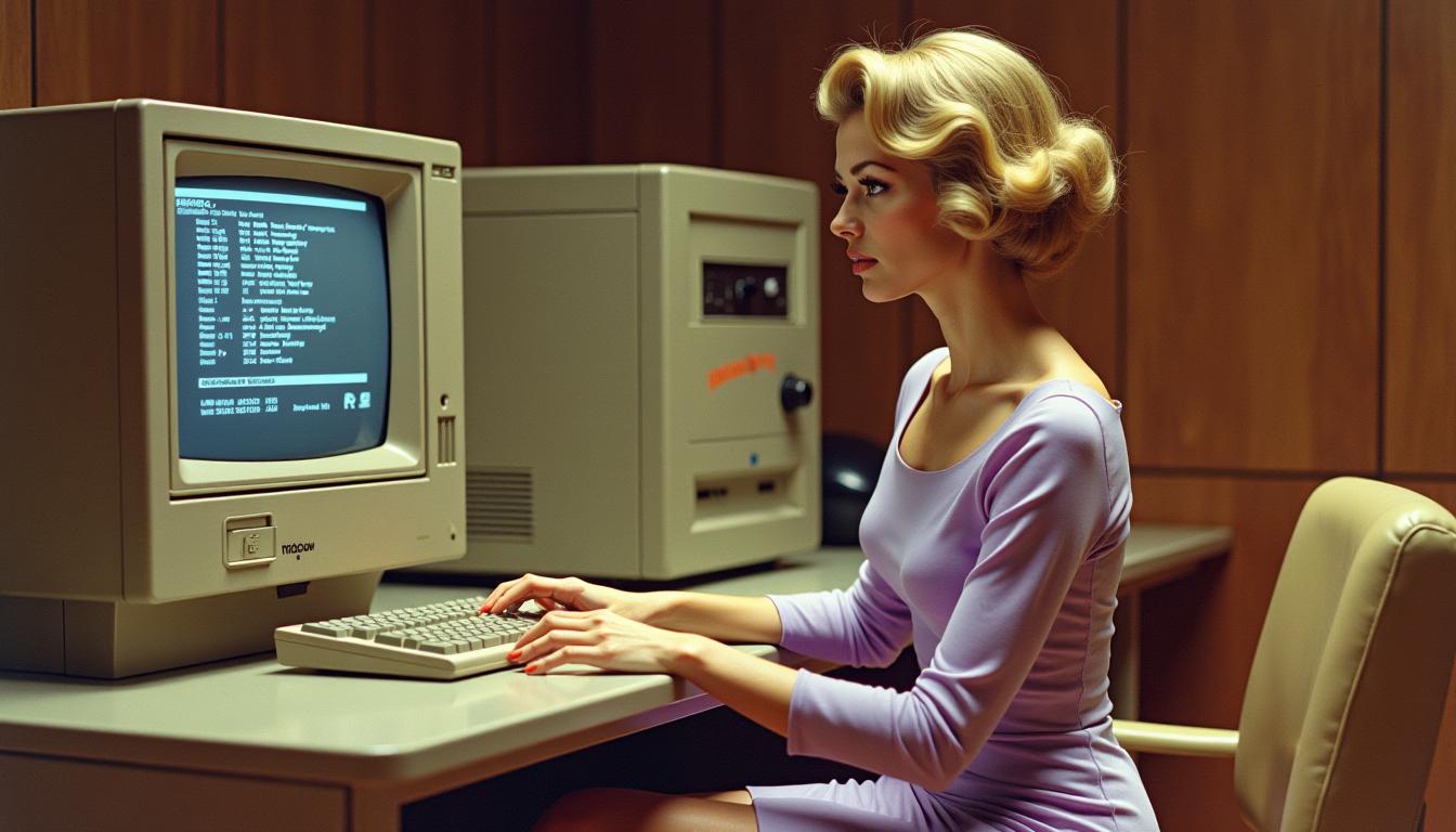 This image is a stylized representation of a woman in a vintage setting, likely from the 1960s or 1970s, given the technology and fashion depicted. The art style is reminiscent of midcentury advertising, with a focus on the subject and a nostalgic, almost dreamlike quality.Medium The image appears to be a digital creation, given the clarity and sharpness of the details. It could be a digitally altered photograph or a completely computergenerated image.Colors The color palette is warm and muted, with a sepia tone that gives the image a vintage feel. The womans hair is a rich blonde, and her dress is a soft lavender, which contrasts nicely with the darker tones of the vintage computer equipment and the beige of the chair. The monitor screen displays a blueish hue, which stands out against the darker background.Objects in the Image1. The Woman She is seated at a desk, wearing a fitted, kneelength dress with a square neckline and long sleeves. Her hair is styled in a voluminous bouffant hairstyle, which is characteristic of the era. She is focused on the keyboard in front of her, her hands poised over the keys as if she is typing.2. The Computer The computer is a vintage model, with a bulky, boxy design. It has a large, bulky monitor with a CRT screen, displaying a complex array of text and numbers, which suggests it might be a mainframe or a largescale computing system. The keyboard is a fullsized, mechanical keyboard, with keys that are large and spaced apart, which was common in older computer models.3. The Desk The desk is a simple, utilitarian piece of furniture, with a flat surface and a drawer underneath. It is a neutral beige color, which complements the warm tones of the womans dress and the vintage computer.4. The Chair The chair is a simple, upholstered office chair with a straight backrest and armrests. It is a neutral beige color, which matches the desk and the vintage aesthetic of the setting.Overall, the image evokes a sense of nostalgia and a bygone era of computing and fashion. The subject, the woman, is the focal point, with the vintage computer and the surrounding objects providing a backdrop that complements her and adds to the overall vintage feel of the image.