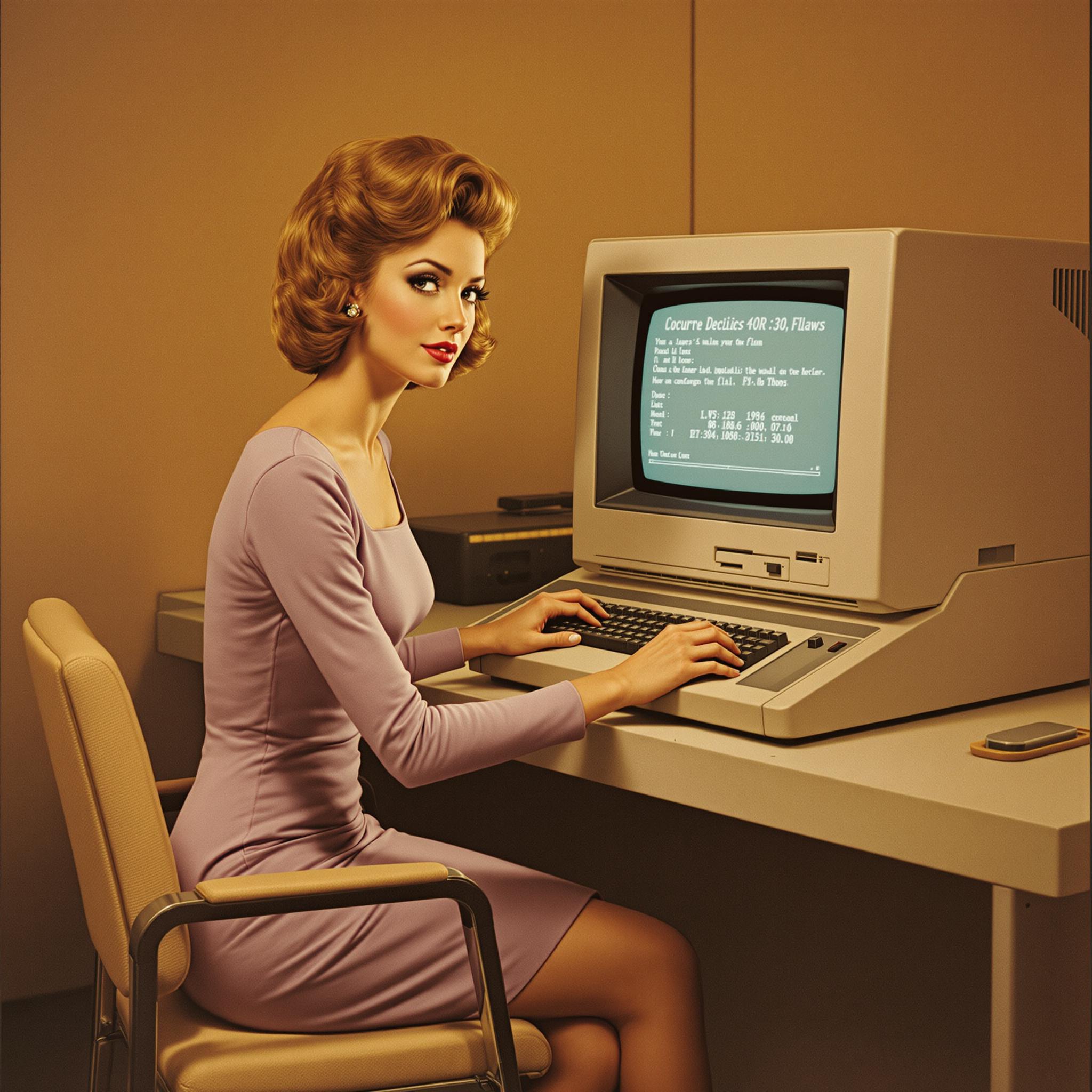 This image is a stylized representation of a woman in a vintage setting, likely from the 1960s, given the technology and fashion depicted. The art style is reminiscent of midcentury advertising, with a focus on the subject and a nostalgic, almost dreamlike quality.Medium The image appears to be a digital creation, given the clarity and sharpness of the details. It could be a digitally altered photograph or a completely computergenerated image.Colors The color palette is warm and muted, with a sepia tone that gives the image a vintage feel. The womans hair is a rich blonde, and her dress is a soft lavender, which contrasts nicely with the darker tones of the vintage computer equipment and the beige of the chair. The monitor screen displays a blueish hue, which stands out against the darker background.Objects in the Image1. The Woman She is seated at a desk, wearing a fitted, kneelength dress with a square neckline and long sleeves. Her hair is styled in a voluminous bouffant hairstyle, which is characteristic of the era. She is focused on the keyboard in front of her, her hands poised over the keys as if she is typing.2. The Computer The computer is a vintage model, with a bulky, boxy design. It has a large, bulky monitor with a CRT screen, displaying a complex array of text and numbers, which suggests it might be a mainframe or a largescale computing system. The keyboard is a fullsized, mechanical keyboard, with keys that are large and spaced apart, which was common in older computer models.3. The Desk The desk is a simple, utilitarian piece of furniture, with a flat surface and a drawer underneath. It is a neutral beige color, which complements the warm tones of the womans dress and the vintage computer.4. The Chair The chair is a simple, upholstered office chair with a straight backrest and armrests. It is a neutral beige color, which matches the desk and the vintage aesthetic of the setting.Overall, the image evokes a sense of nostalgia and a bygone era of computing and fashion. The subject, the woman, is the focal point, with the vintage computer and the surrounding objects providing a backdrop that complements her and adds to the overall vintage feel of the image.