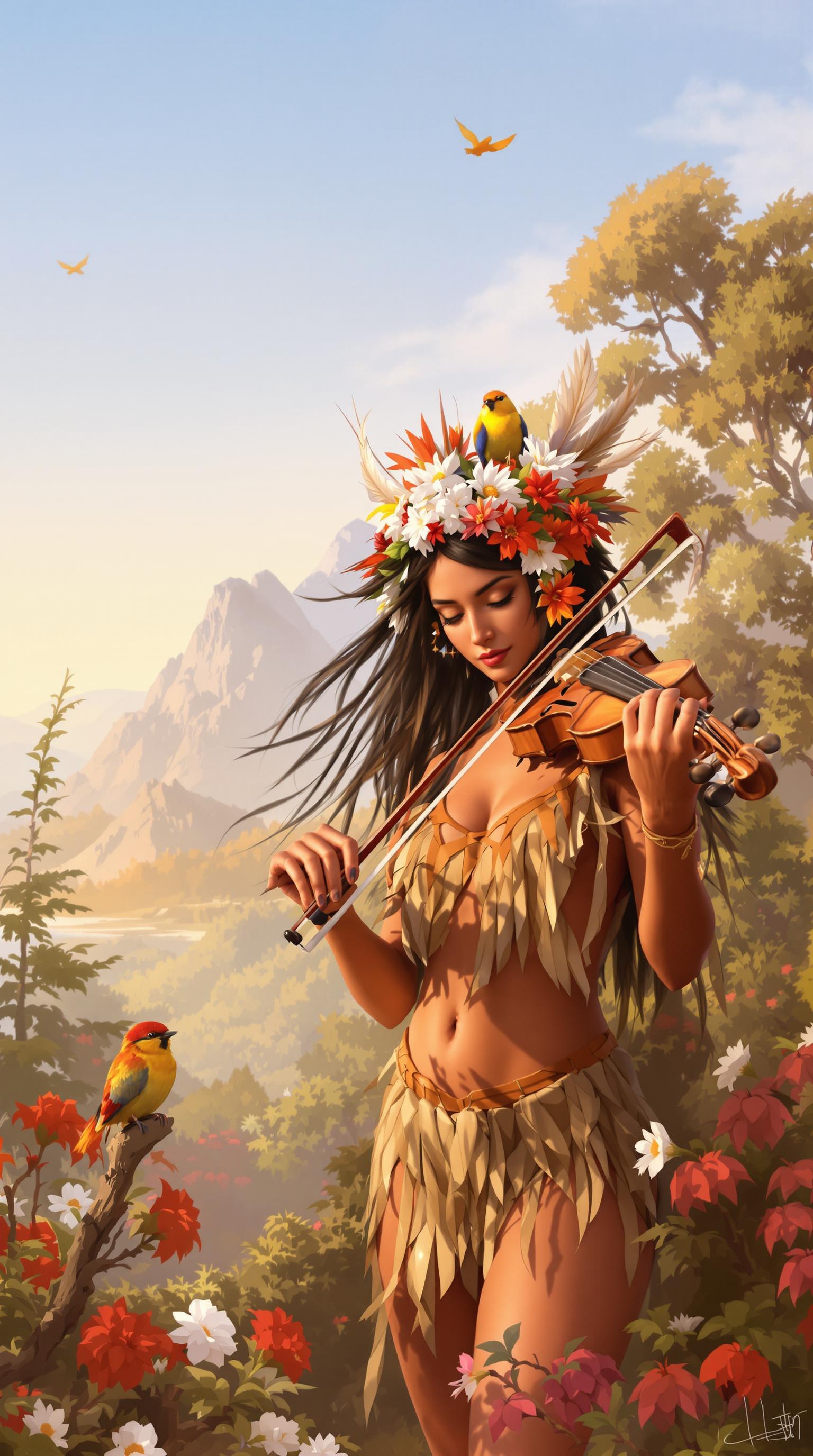 This is a digital painting that captures a moment of musical reverie. The art style is fantastical, with a touch of realism, employing a high level of detail and a rich, painterly quality. The medium appears to be a digital painting tool, given the smooth blending and gradients of color.The colors are warm and vibrant, with a predominance of earthy tones that give the image a grounded, natural feel. The palette is enlivened by pops of red and white flowers, which stand out against the more subdued background. The sky is a soft, pastel blue, suggesting a tranquil, almost ethereal atmosphere.The central figure is a woman with long, dark hair adorned with a variety of flowers and feathers, which adds a touch of the exotic and the wild. She is wearing a simple, fringed garment that suggests a primitive or tribal origin, further emphasizing her connection with nature. Her skin is a warm, sunkissed tone, and her posture is relaxed yet poised, indicating a moment of calm focus.She is playing a violin, which is a striking focal point. The violin is rich in detail, with realistic wood grains and strings, and it is held with a sense of familiarity and ease. The bow is in motion, suggesting the sound of music.There are several birds in the image, which add to the sense of harmony and tranquility. One bird is perched on the violins shoulder, another on the bow, and a third is perched on a branch in the lower left corner. These birds are rendered with a lifelike quality, with detailed feathers and a sense of movement.The background is a blend of natural elements, with trees, flowers, and a mountainous landscape that fades into a misty horizon. This setting complements the womans connection to nature and reinforces the theme of harmony between music and the environment.Overall, the image exudes a sense of peaceful coexistence, with music as the unifying force. The interplay of light and shadow, the careful rendering of textures, and the use of color all contribute to the paintings emotional depth and visual appeal.