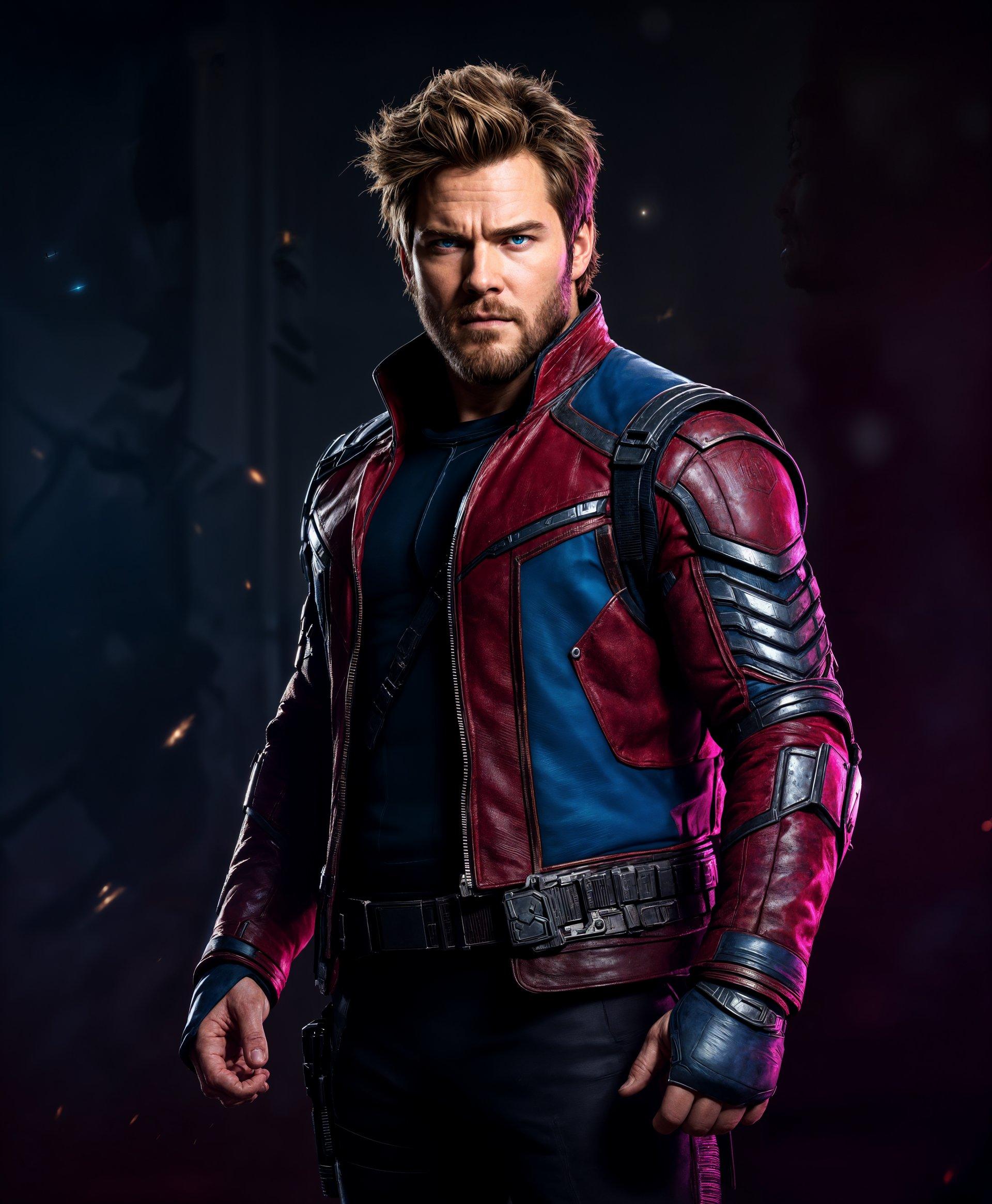 masterpiece, best quality, highres, sharp image, more detail, masterpiece, best quality, highres, sharp image, more detail, **Subject**: Star-Lord from Marvel Rivals Game, portrayed by Chris Pratt with a rugged, battle-ready look. His hair is slightly tousled, and his face is set with a determined, focused expression.

**Costume**: Wearing his iconic suit, a fusion of futuristic armor and weathered leather, with intricate detailing on the chest plate, shoulder pads, and boots. The suit features vibrant red, blue, and silver colors, showing signs of wear and tear from his adventures.

**Lighting**: Backlit with a soft rim light to outline his silhouette against a dark, gritty background. A key light at a slight angle illuminates his face, emphasizing the intensity in his eyes and the texture of his costume.

**Style**: Cinematic with a touch of comic book realism, reminiscent of a still from a Marvel movie. The scene has a slight lens flare to enhance the sci-fi feel, with dynamic, high-contrast tones to emphasize the action and anticipation.

**Composition**: Star-Lord is centered, filling most of the frame. His arms are outstretched, gripping his blasters, creating a strong diagonal line leading the eye through the image. The camera angle is low, looking up at him to accentuate his heroic stature.

**Mood and Atmosphere**: Tense and charged with adrenaline, capturing the calm before the storm. The lighting and composition suggest a moment of quiet before Star-Lord unleashes his firepower, enhancing the anticipation of the upcoming battle.

**Technical Aspects**: Shallow depth of field to blur the background, focusing attention on Star-Lord. High shutter speed to freeze the action, and a wide aperture for a cinematic bokeh effect, enhancing the movie-like quality of the image.

**Cohesion**: All elements combine to create a believable, high-energy scene from a Marvel movie, where Star-Lord's readiness for battle is palpable, his posture and expression conveying his readiness to confront an unseen threat.