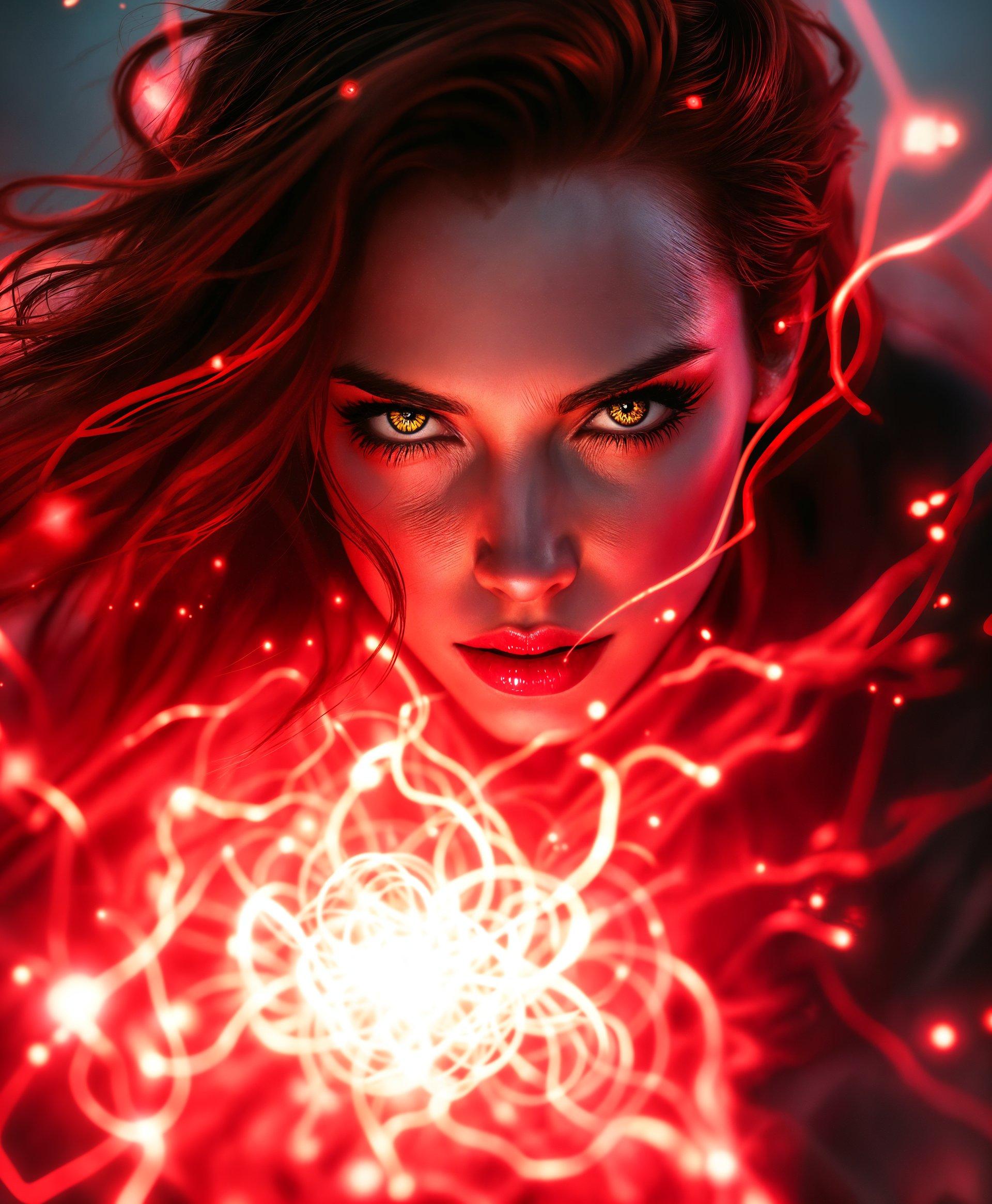 masterpiece, best quality, highres, sharp image, more detail, masterpiece, best quality, highres, sharp image, more detail, A dynamic, high-contrast portrait of Scarlet Witch from Marvel Cinematic Universe, **capturing her in the midst of using her telekinetic powers.** The **vibrant red energy** surrounds her, swirling like a tempestuous storm, with **glowing, intricate patterns** that mimic the complexity of her abilities. Her **eyes** are alight with an inner fire, **reflecting the power she wields.** The **lighting** is dramatic, with harsh shadows and bright highlights accentuating her **facial features** and the **flow of her hair**, which seems to float in the air, defying gravity. The **background** should be **blurred**, focusing the viewer's attention on her, but with **hints of chaos** and **destruction**, suggesting the aftermath of her powers. **Composition:** Use a **close-up angle** to emphasize her emotional intensity, with her powers framing her face in a **triangular composition** for balance and energy flow. **Mood:** Evoke a sense of **mystique, power, and awe**, with the **atmosphere** filled with a **slight mist** to add depth and mystery. **Style:** Emulate a **modern superhero movie poster style**, with a touch of **surrealism** to highlight her otherworldly abilities, reminiscent of the **cinematic techniques used in Marvel films.** **Technical Aspects:** Employ **high dynamic range (HDR) lighting** to enhance the contrast between her powers and the environment, with **bokeh** to soften the background, ensuring all elements contribute to a **cohesive, visually striking scene.**