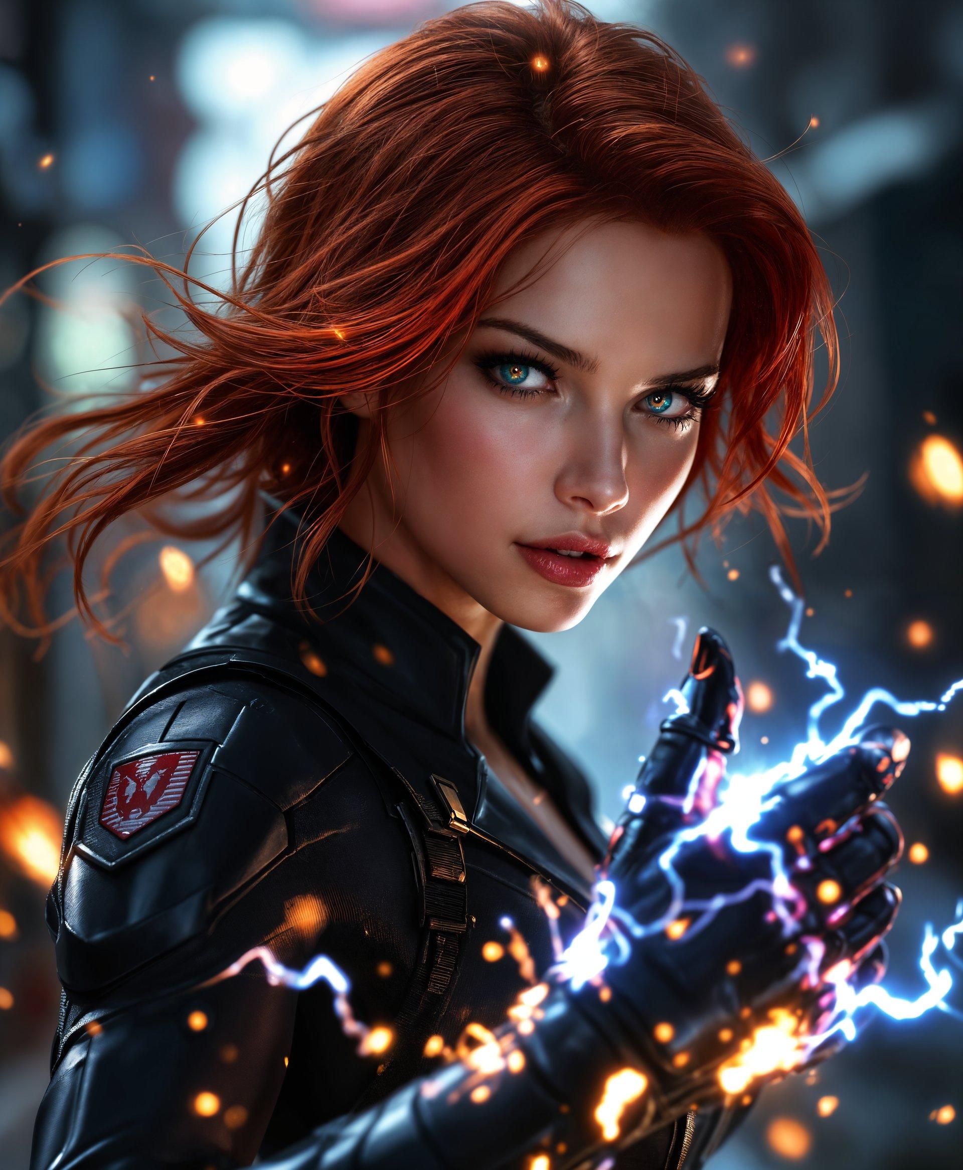 masterpiece, best quality, highres, sharp image, more detail, masterpiece, best quality, highres, sharp image, more detail, Create an ultra-realistic, detailed portrait of Black Widow from Marvel Rivals in the midst of utilizing her super powers. 

**Visual Details:**
- Her signature red hair should be dynamically flowing as if caught in a wind blast, with individual strands visible.
- Her black tactical suit should be depicted with a high gloss finish, reflecting light subtly, and showing detailed fabric texture.
- Her eyes should emit a fierce, focused glow, indicative of her heightened senses, with a subtle energy effect around her pupils.
- The Widow's Bite wrist gauntlets are active, with small electric arcs and sparks emanating from them, illuminating her hands.

**Style:**
- Employ a cinematic, high-contrast lighting reminiscent of modern action films, with shadows accentuating her features for a dramatic effect.
- Use a photorealistic style, capturing the fine details of her costume, skin texture, and the environment around her.

**Composition:**
- Black Widow should be the focal point, positioned slightly off-center, looking towards an unseen opponent or target.
- The camera angle should be slightly low, looking up at her, emphasizing her dominance and power.
- The background should be blurred, with hints of a chaotic battle scene, suggesting movement and energy.

**Mood and Atmosphere:**
- Convey an intense, adrenaline-fueled atmosphere. The lighting should be dramatic, with backlighting to silhouette her against the chaos.
- The time of day is dusk, with the sky behind her showing the last rays of sunset, adding a golden glow to the edges of her silhouette.

**Technical Aspects:**
- Use depth of field to focus on Black Widow, with a shallow depth of field to blur the background.
- Employ HDR to capture the dynamic range of light, ensuring details in both the bright and dark areas are visible.
- Incorporate subtle motion blur to imply speed and movement in her hair and the energy effects.

**Cohesion:**
- Ensure that all elements - lighting, color palette, costume details, and environment - work together to create a unified, believable scene where Black Widow is not just a character, but a force to be reckoned with in the midst of her battle prowess.