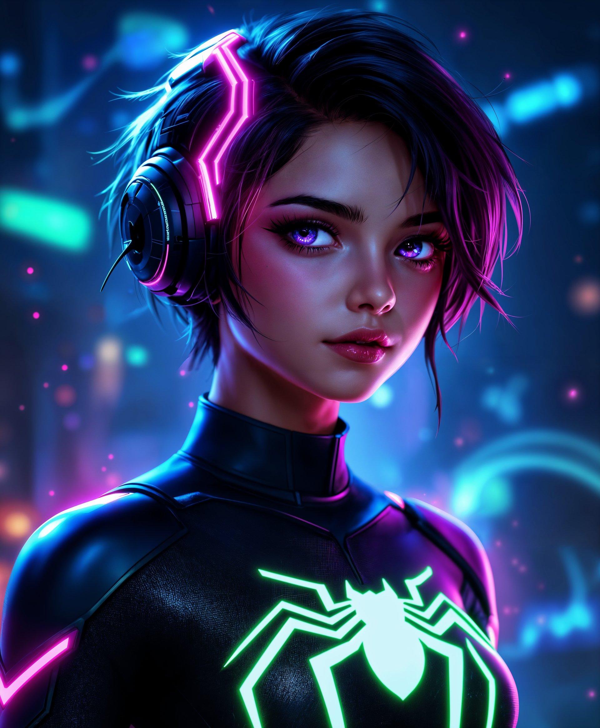 masterpiece, best quality, highres, sharp image, more detail, masterpiece, best quality, highres, sharp image, more detail, **Prompt:**

Create a dynamic and vivid portrait of Peni Parker from the game Marvel Rivals:

- **Subject**: Peni Parker, a teenage superhero with a futuristic, spider-themed suit. The suit should be sleek, with neon accents glowing in the dark, particularly around the eyes and on the spider emblem.

- **Visual Details**: 
  - **Texture**: The suit should have a smooth, high-tech fabric with subtle reflective properties, capturing light in a way that enhances the cyberpunk aesthetic.
  - **Color Scheme**: Dominate with dark shades like midnight blue or deep purple, contrasted by bright neon greens and pinks for the suit's highlights and energy effects.
  - **Lighting**: Utilize dramatic, high-contrast lighting where the neon lights of her suit illuminate her face and surroundings, creating sharp shadows and highlights. 

- **Style**: 
  - **Artistic Influence**: Draw inspiration from cyberpunk aesthetics, with elements reminiscent of "Blade Runner" and "Akira", combined with comic book art style seen in modern superhero films.
  - **Technique**: Employ digital painting techniques to capture the detail and fluidity of her movements, with a focus on line work that suggests speed and energy.

- **Composition**: 
  - **Framing**: Close-up shot that captures her face, suit details, and the energy emanating from her powers. Ensure her expression conveys concentration or excitement.
  - **Camera Angle**: A low angle to emphasize her power and stature, looking up at her as if she's about to leap into action.

- **Mood and Atmosphere**: 
  - **Ambiance**: The scene should evoke a sense of urban chaos and futuristic technology. The background should be a dark, futuristic cityscape with neon signs and holographic ads, creating an atmosphere of high-tech adventure.
  - **Time of Day**: Nighttime or a perpetual twilight, where the city lights and her suit's glow are most prominent.

- **Technical Aspects**: 
  - **Photography Terms**: Utilize bokeh effects in the background to blur the cityscape, focusing on Peni. Use motion blur to suggest movement and the dynamic nature of her powers.
  - **Art Terms**: Incorporate comic book paneling effects, like speed lines or energy bursts, to give the image a sense of narrative motion.

- **Cohesion**: All elements should work together to portray Peni Parker as a formidable, technologically advanced superhero in her element, with her powers manifesting visually through light, energy, and her interaction with her environment.